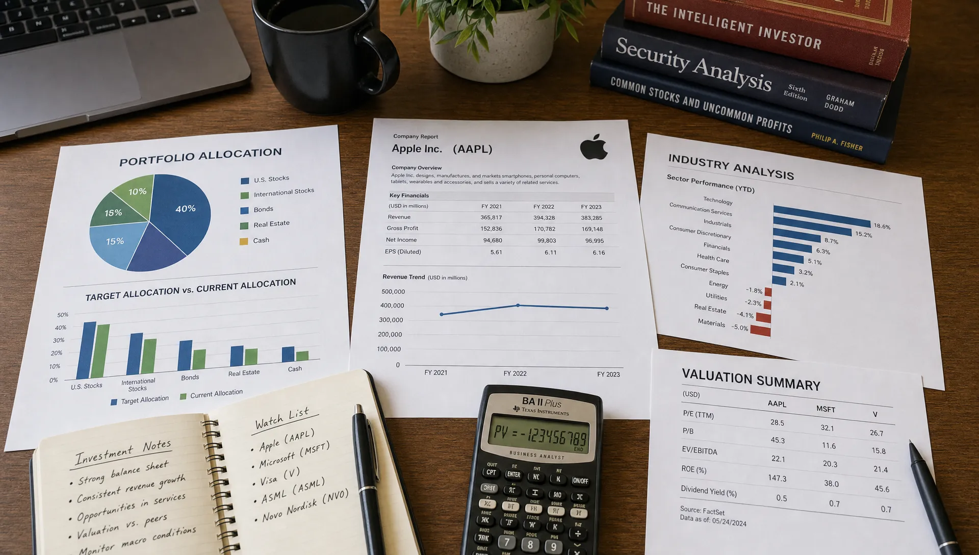 A desk arranged for stock research with printed portfolio allocation charts, company reports, a notebook, and a calculator, showing how investors combine multiple sources of insight before making decisions.