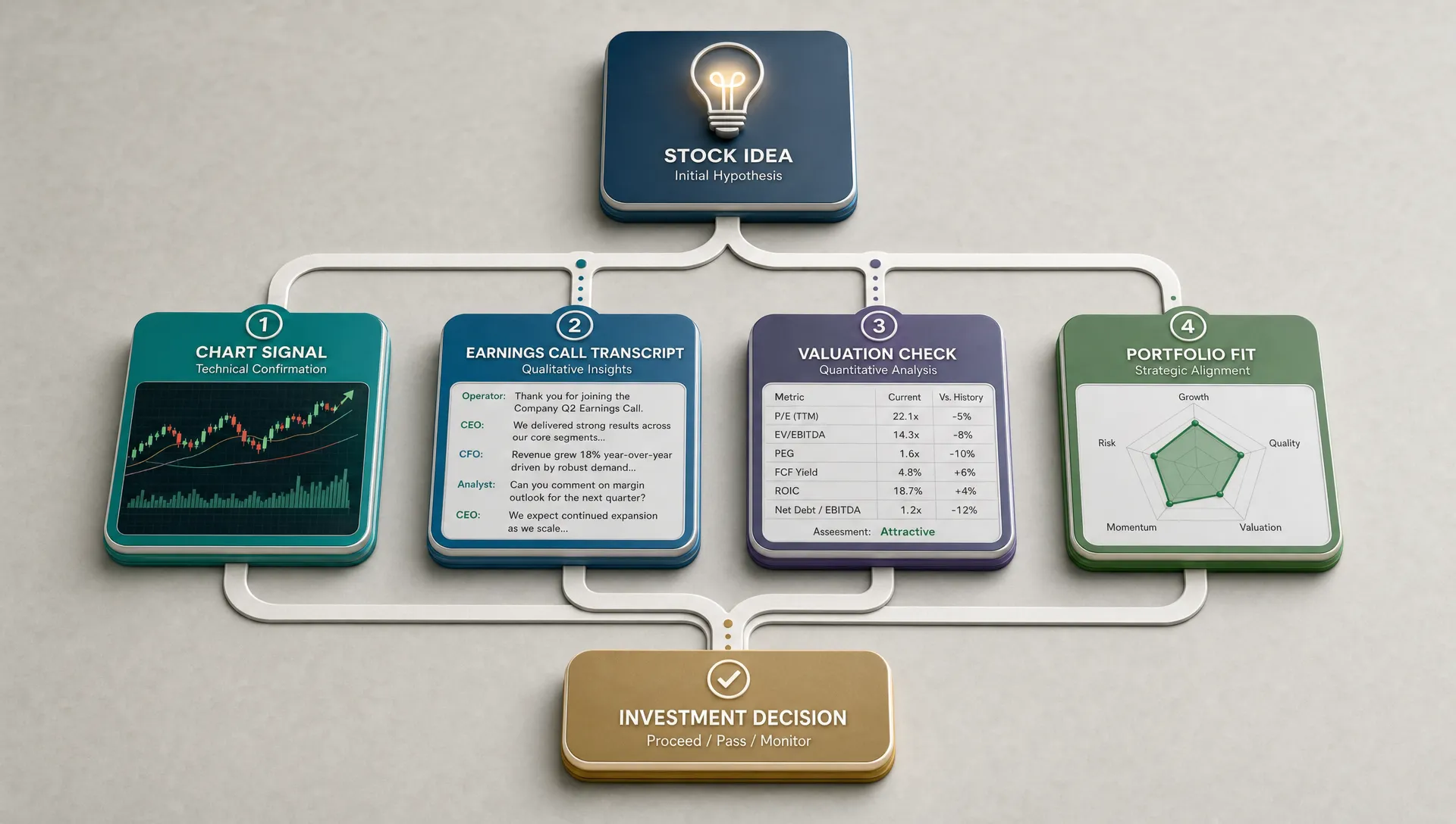 A wide conceptual scene of a market research workflow presented as a layered path, with a central stock idea icon branching into a chart signal, an earnings call transcript page, a valuation sheet, and a portfolio fit marker, all connected like a decision map on a clean neutral surface. No people are present; the composition should feel analytical and modern, with the decision path as the hero element rather than a desk or dashboard.