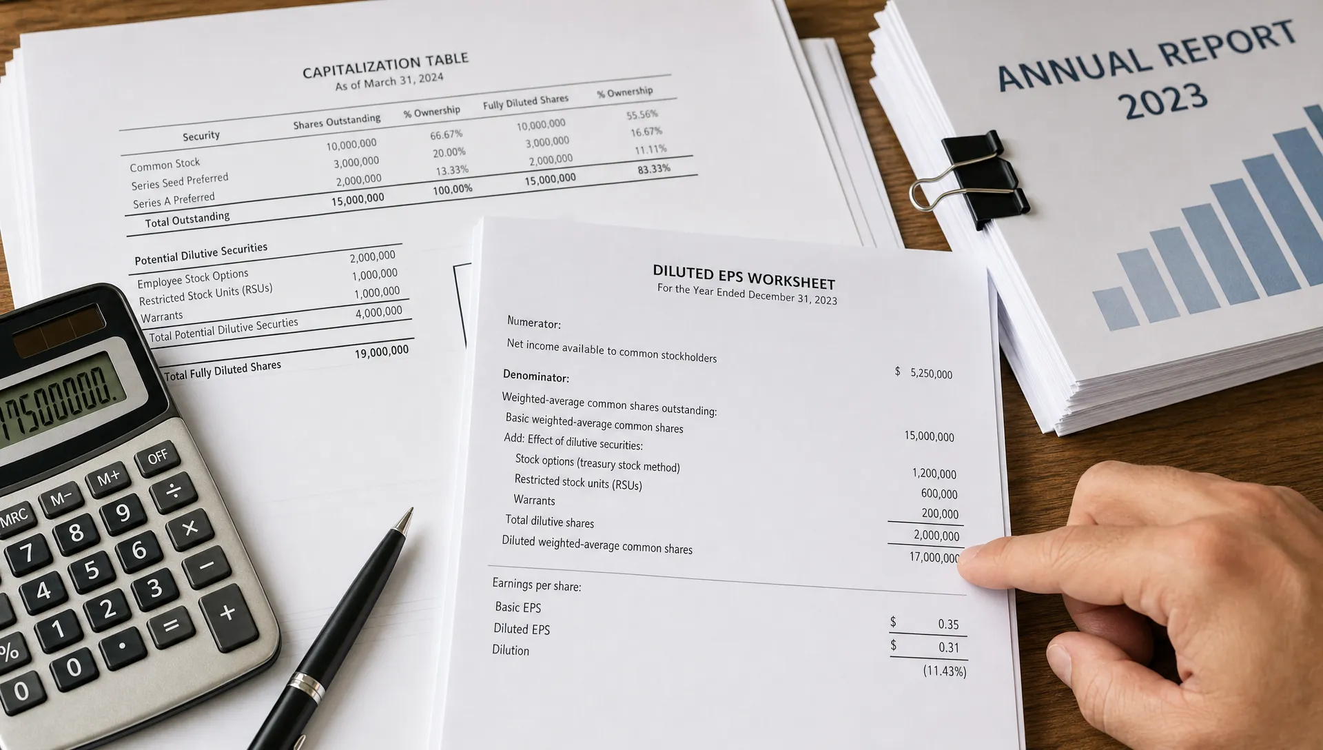 A calculator and diluted EPS worksheet show how share count can reduce each owner of stocks' claim on earnings.