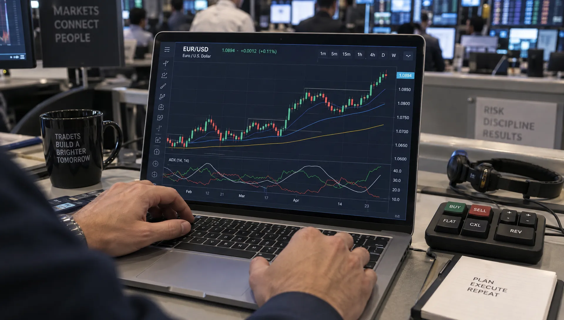 A trader examines EUR/USD candles, moving averages and ADX while checking the pair's price structure.