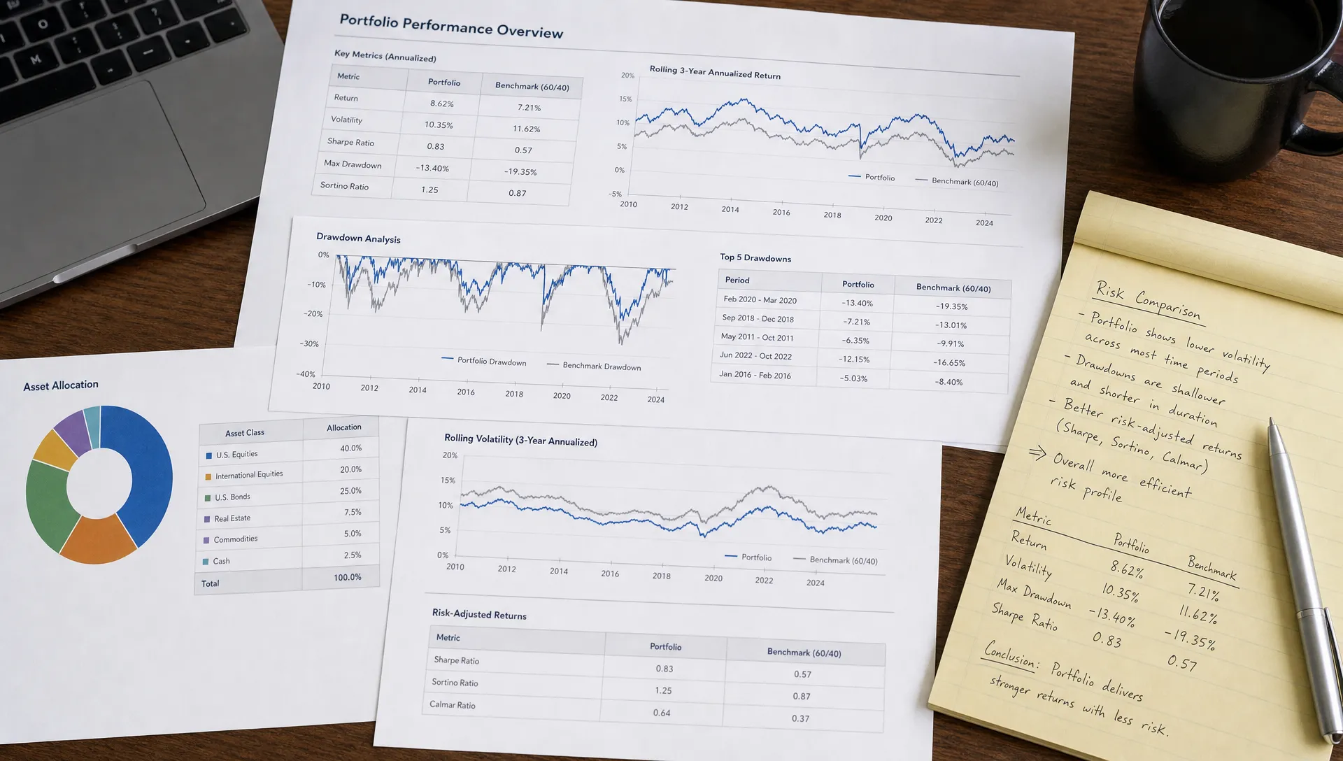 A desk with printed investment reports showing rolling return charts, drawdown curves, allocation breakdowns and handwritten notes comparing portfolio risk over multiple time periods.