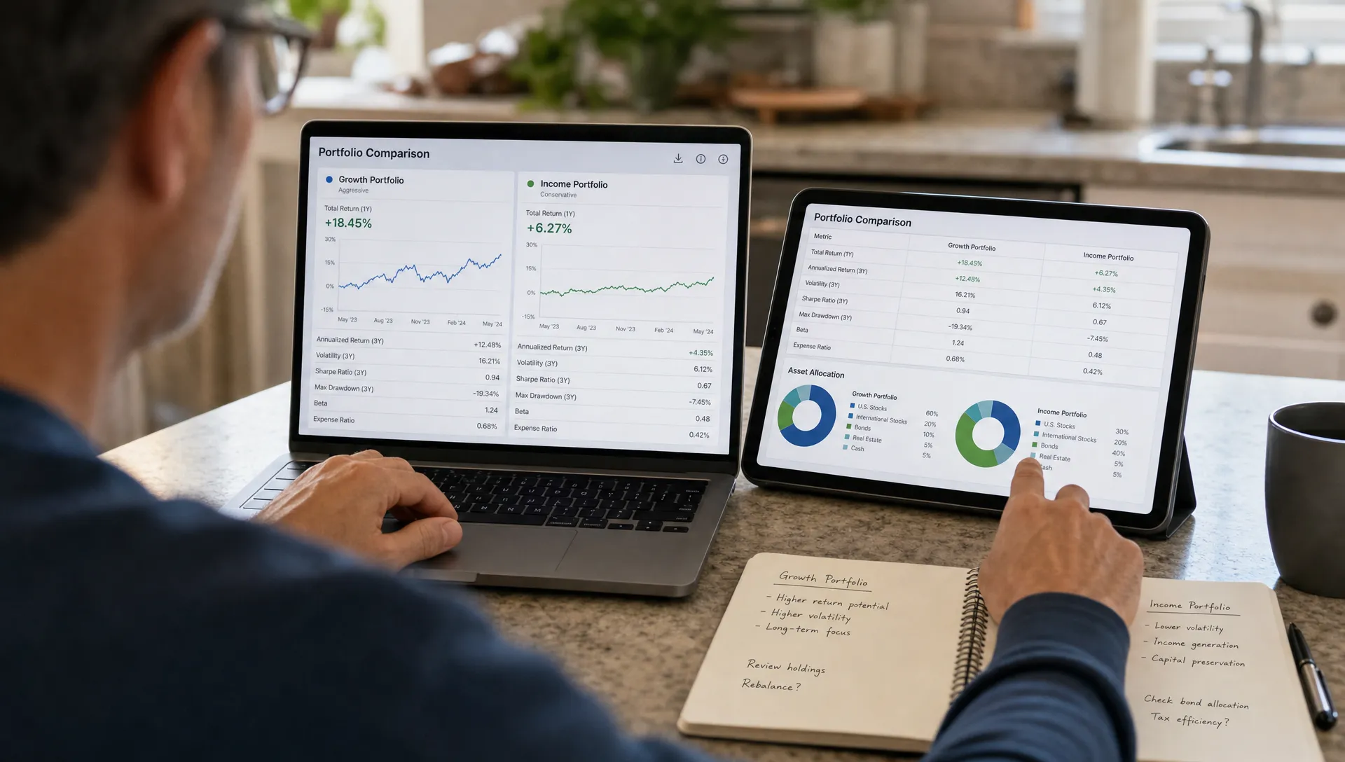 An investor compares two portfolio screens on a laptop and tablet while checking return and risk metrics.