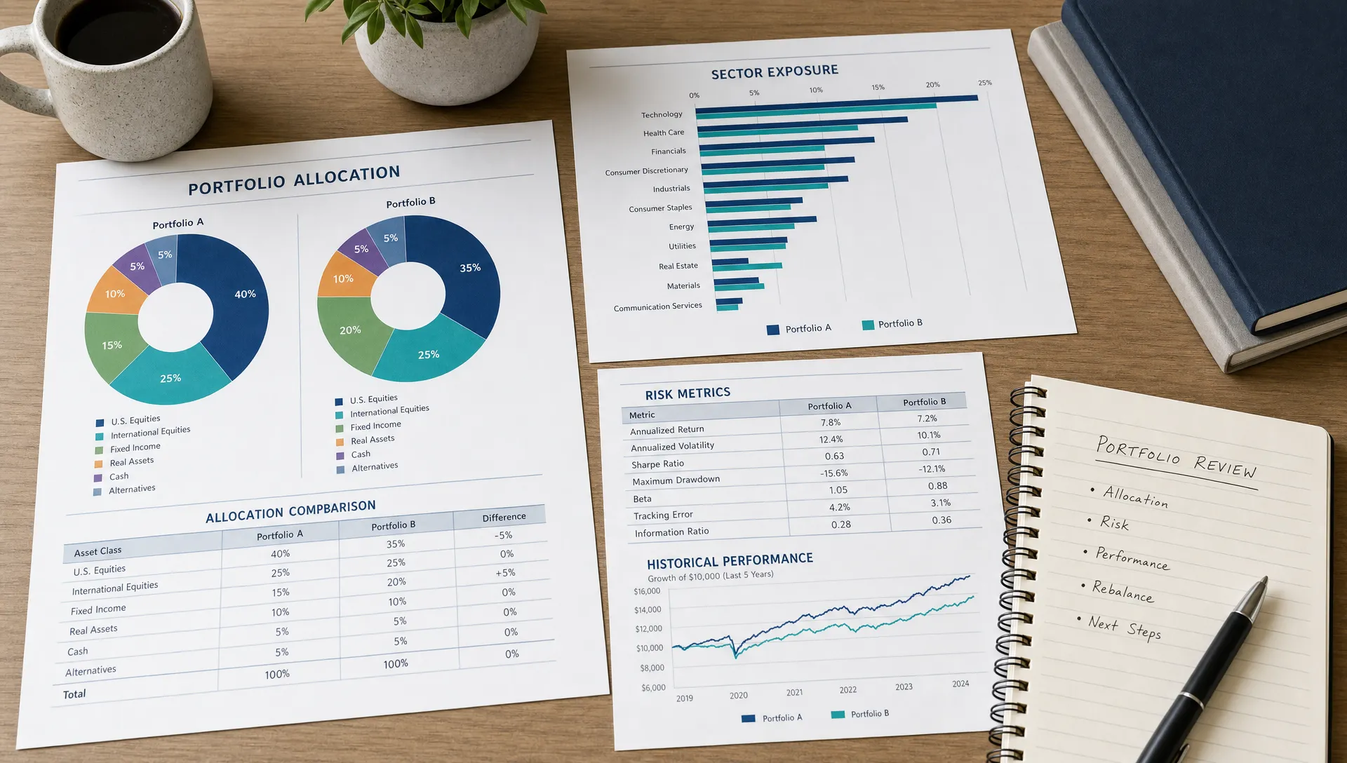 A clean tabletop with printed portfolio allocation charts, sector exposure graphs, and risk metrics arranged beside a notebook, showing a portfolio comparison review without any private account details.