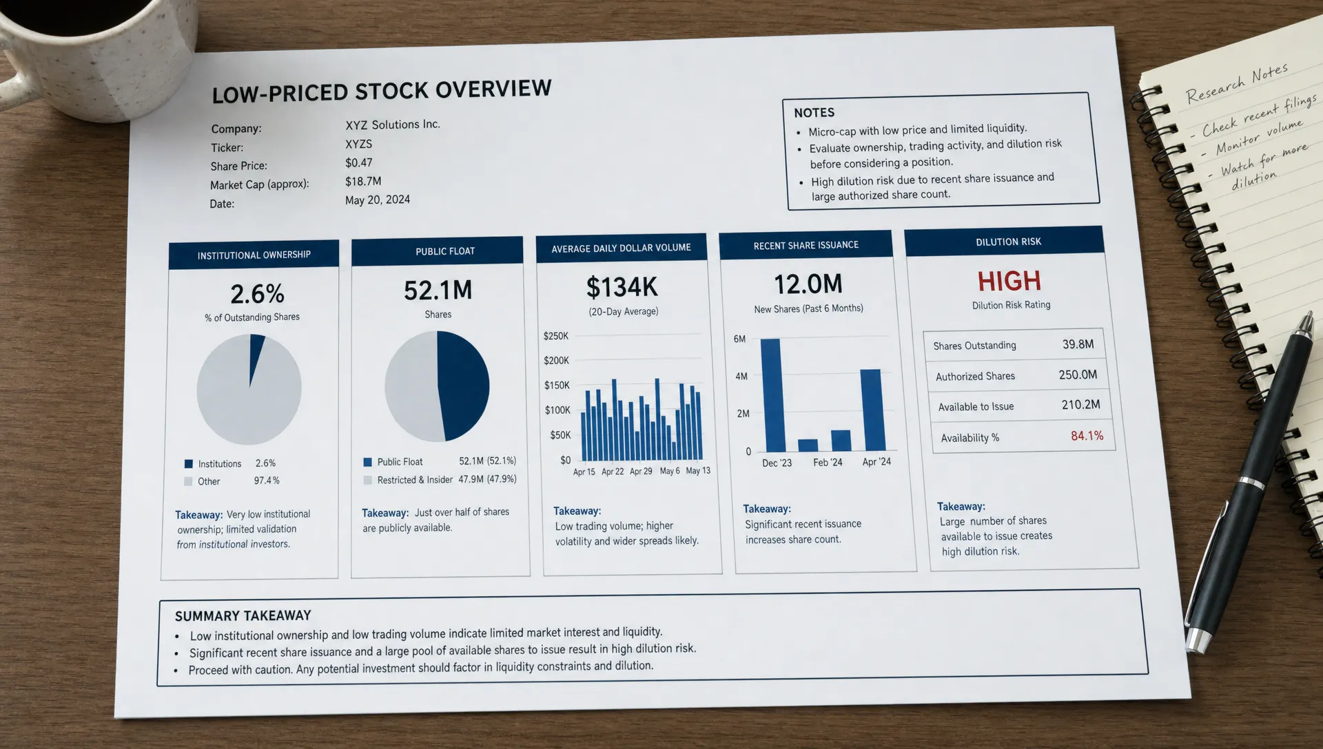 Investor research notes compare institutional ownership, public float, average dollar volume, recent share issuance, and dilution risk for a low-priced stock.