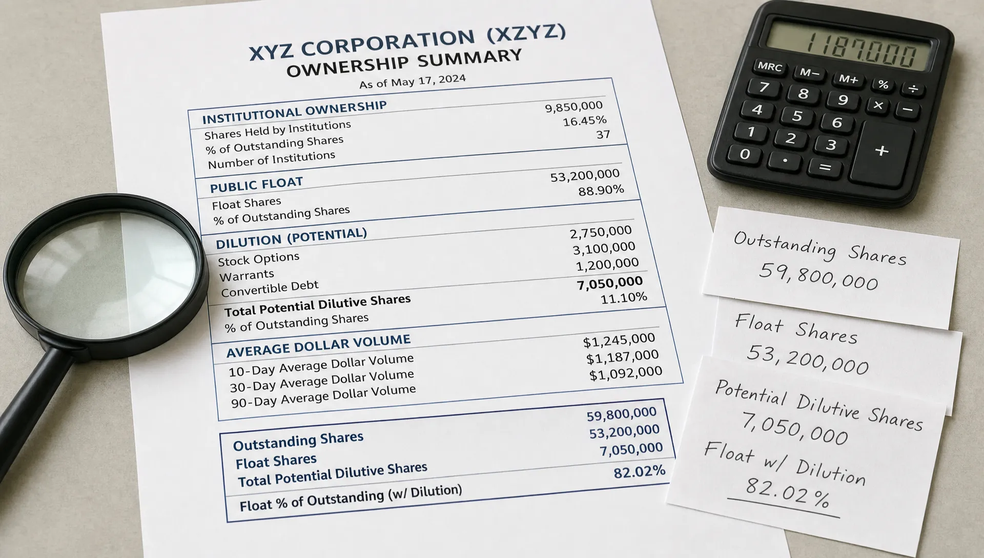 A penny stock ownership sheet sits beside a calculator and magnifying glass, showing institutional ownership, float, dilution, and average dollar volume.