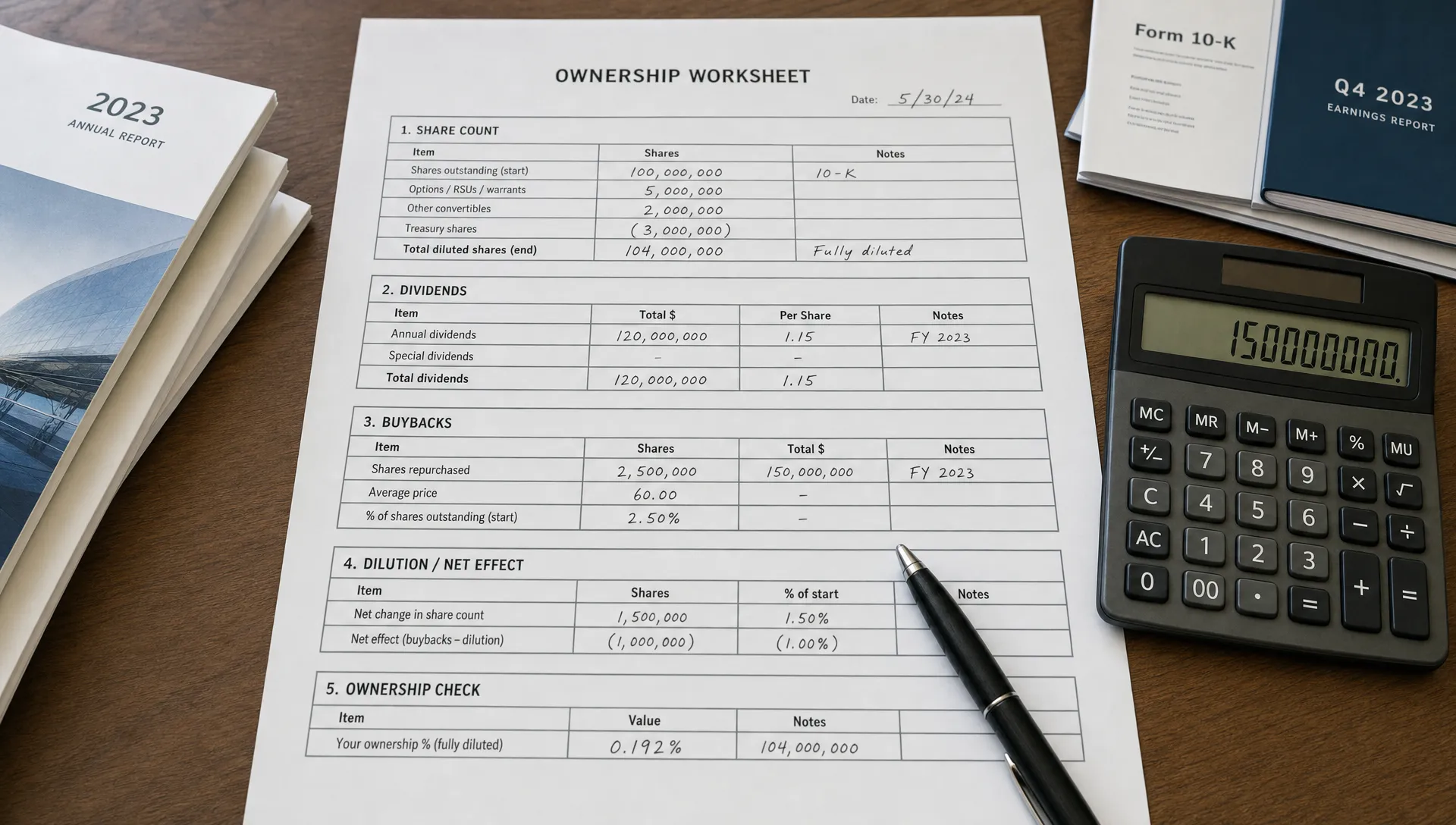 A printed ownership worksheet shows share count, dividends, buybacks, and dilution beside a calculator and company reports.