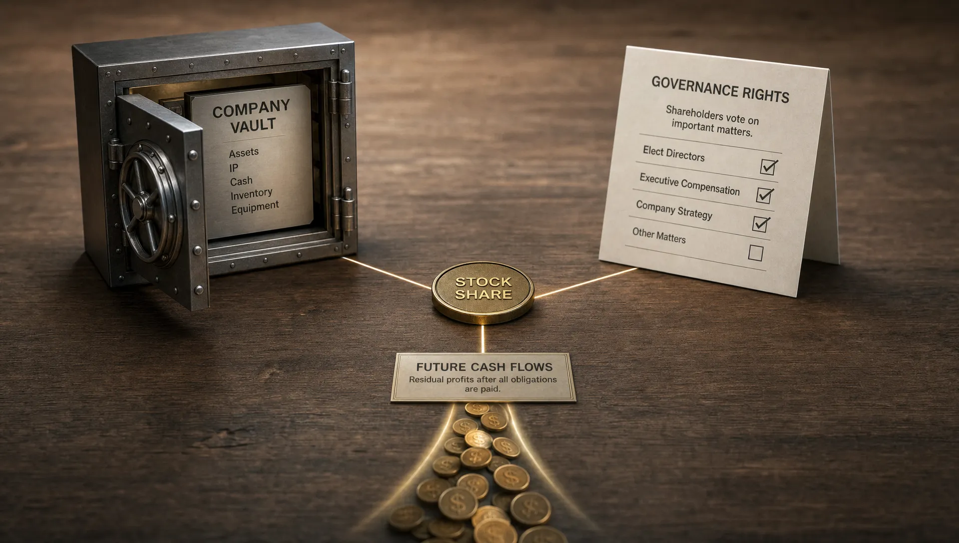 A share token connects to company rights, cash flow, and governance in a stock ownership concept.