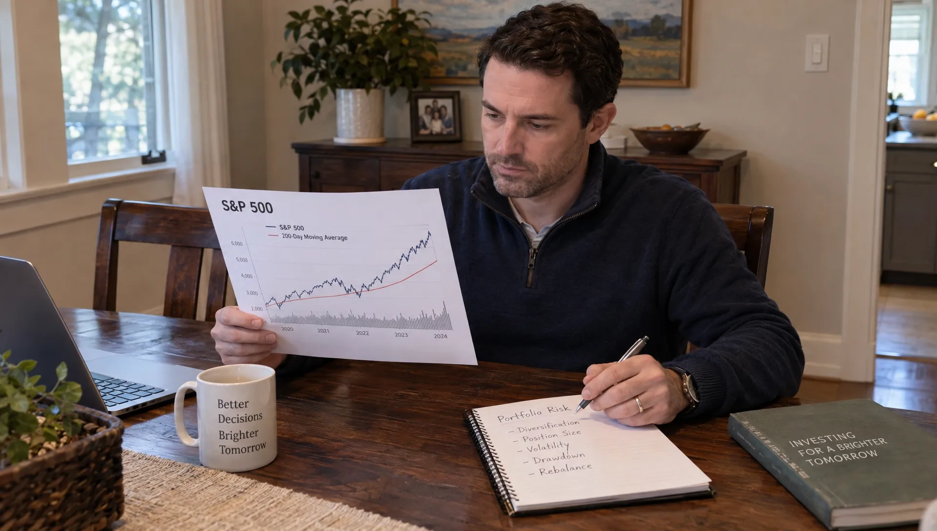An investor reviews an S&P 500 chart and portfolio risk notes while considering the best indicator of stock market direction.