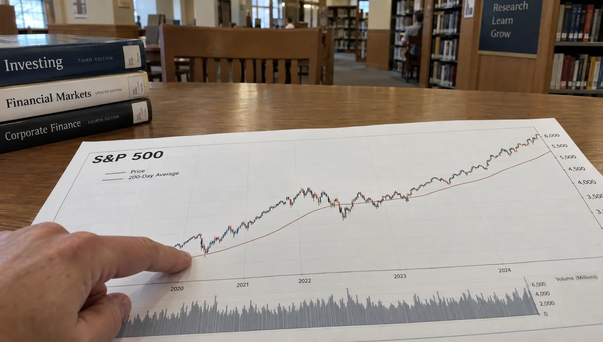 A hand follows the 200-day average on a printed U.S. stock index chart during a market trend review.