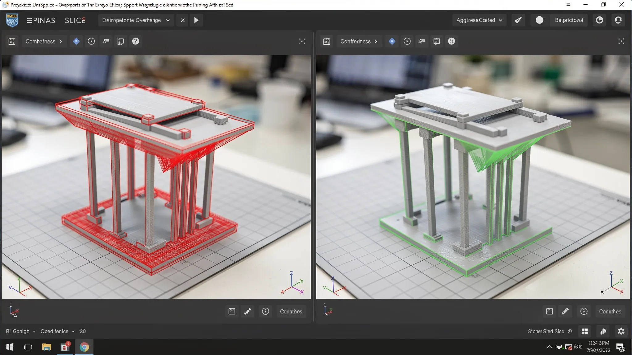 A side-by-side comparison of a 3D model in a slicer preview: one version shows extreme overhangs, thin walls, and a tiny base contact area highlighted in red; the improved version shows a rotated orientation, thicker walls, and supports placed under key overhangs.