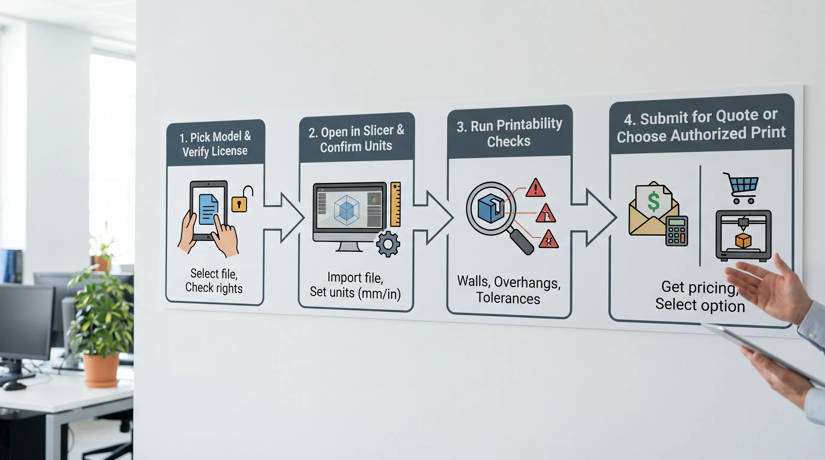 A simple four-step flowchart showing: 1) pick model and verify license, 2) open in slicer and confirm units, 3) run printability checks (walls, overhangs, tolerances), 4) submit for a quote or choose a ready-made authorized print.