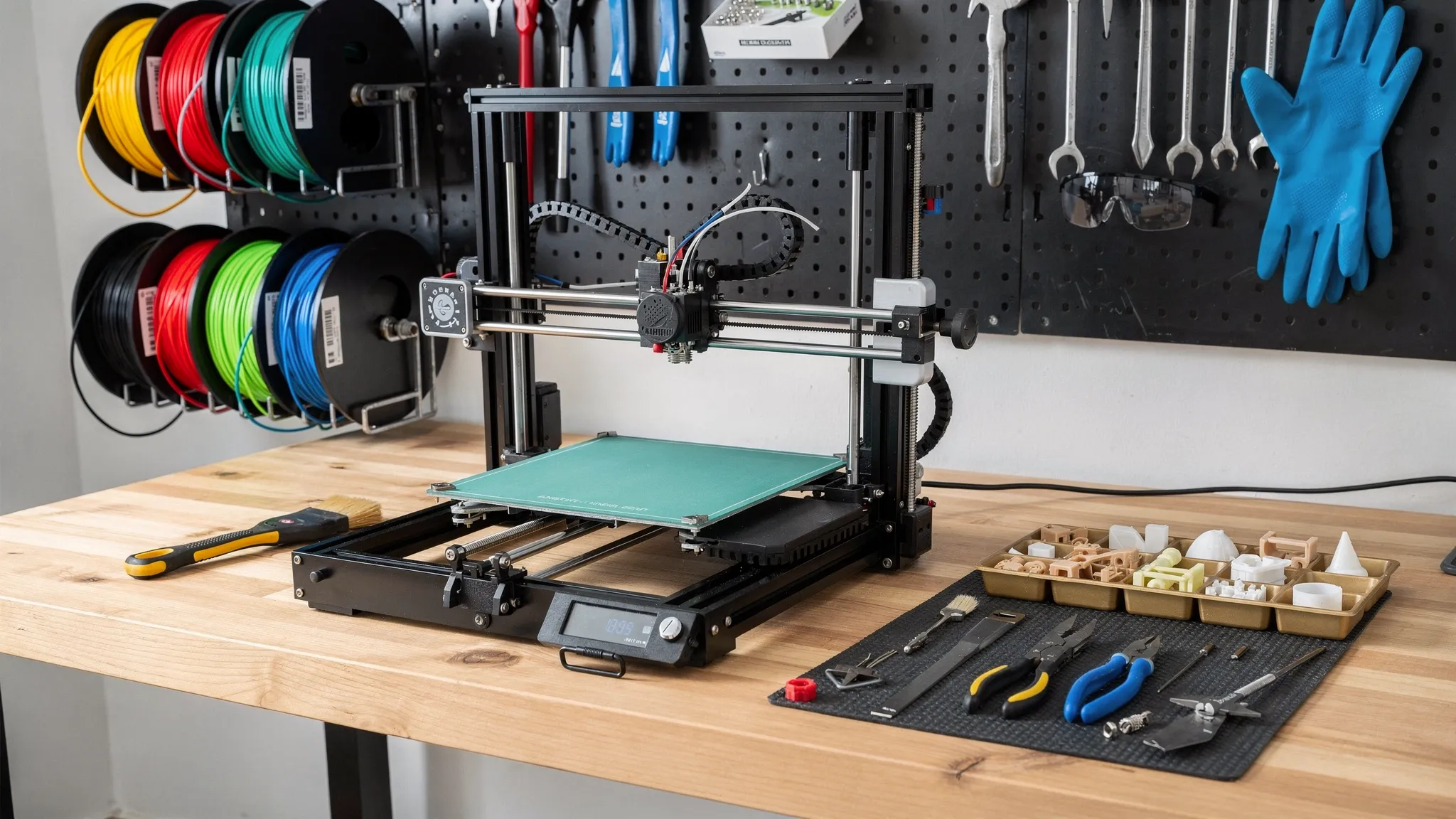 A clean 3D printing workspace with an FDM printer, organized filament spools, small finished parts, tools, and a clear work surface for safe setup and maintenance.