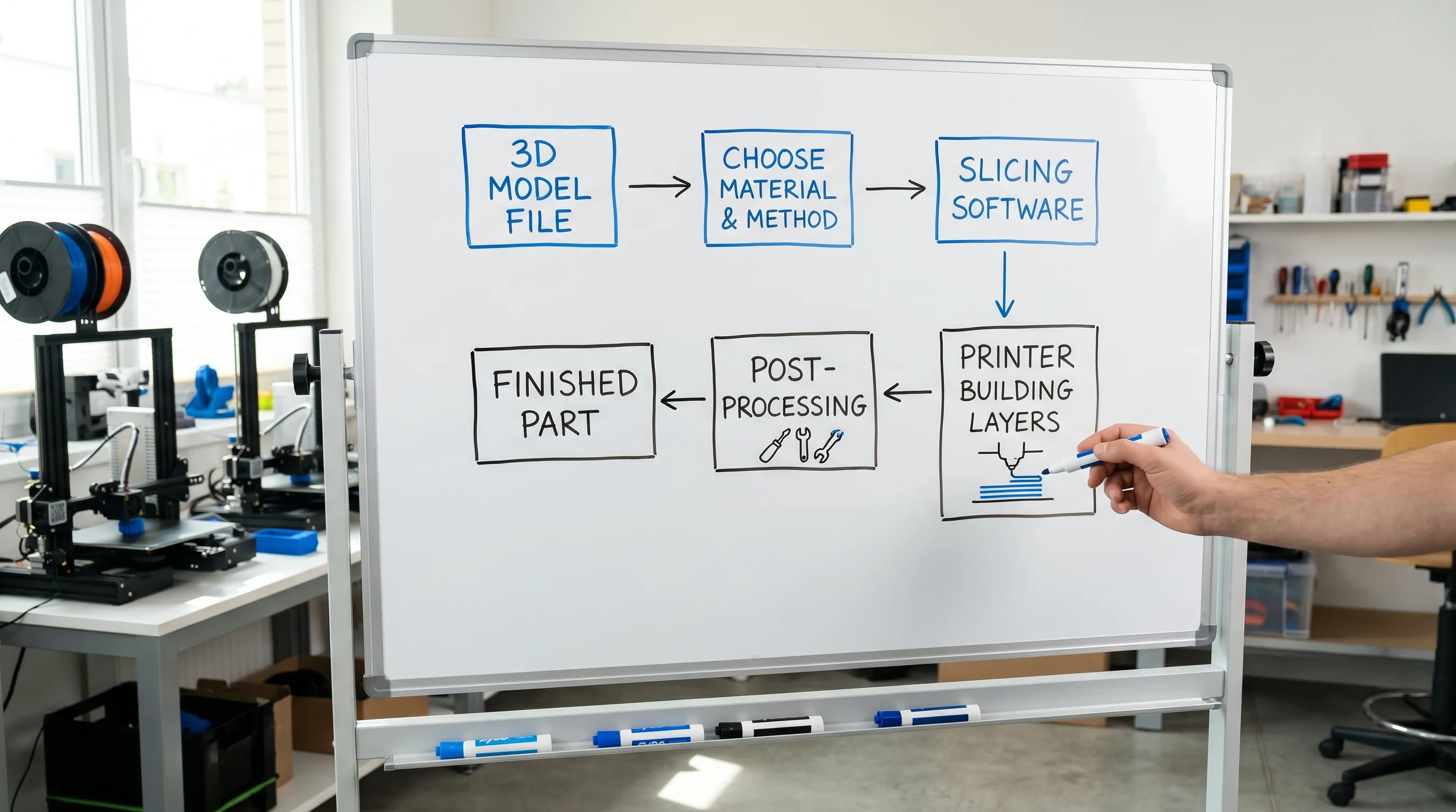 A simple flow diagram showing the 3D printing process: 3D model file, choose material and method, slicing software, printer building layers, post-processing, finished part.