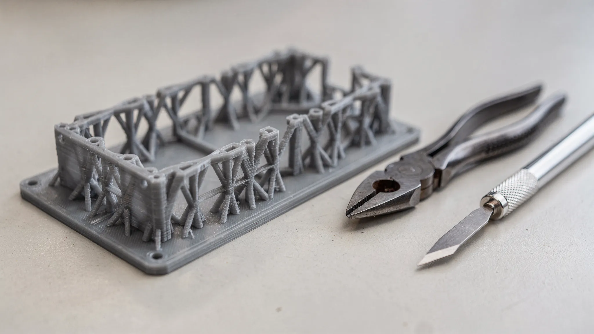 A close-up photo of a freshly printed 3D part with visible support structures attached, alongside simple hand tools used for support removal.