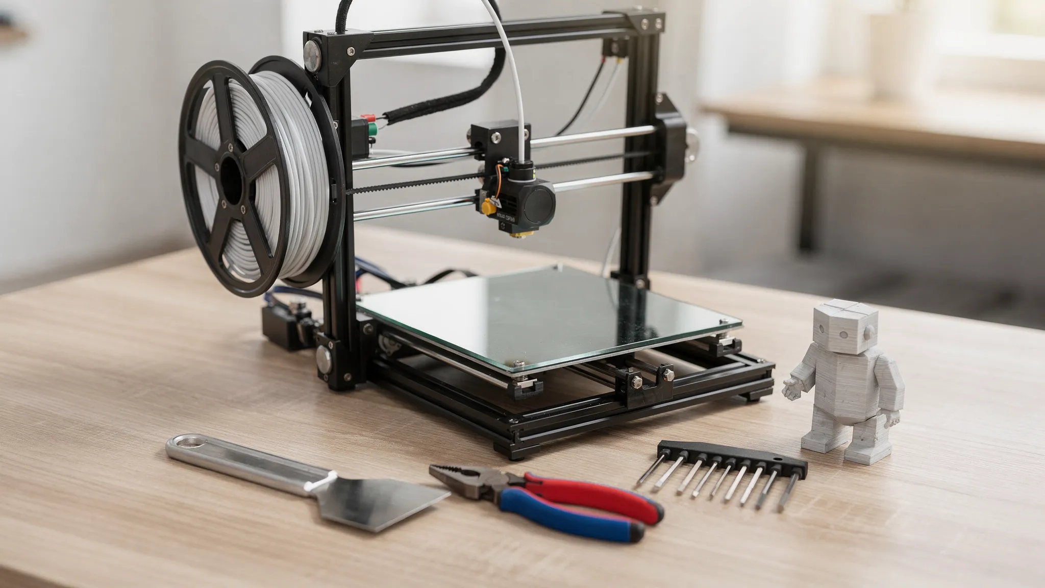 A clear tabletop setup showing an FDM 3D printer with filament spool mounted, a clean build plate, basic tools (scraper, flush cutters, hex keys), and a small completed test print placed next to the printer.