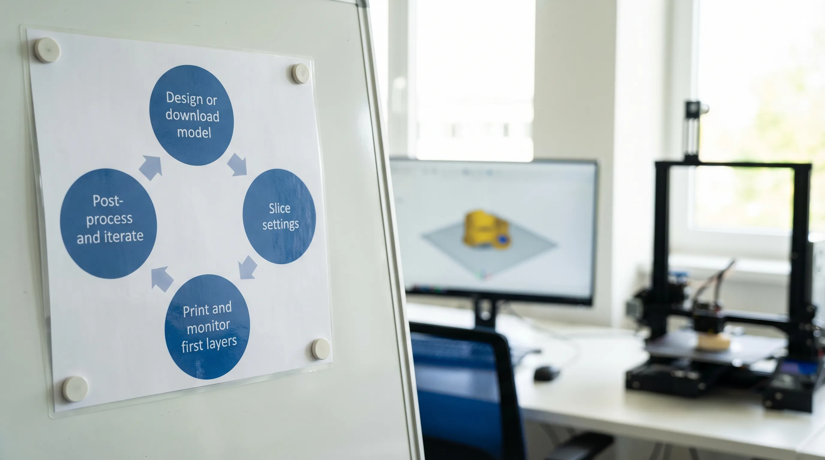 A simple workflow diagram with four labeled steps in a loop: “Design or download model” → “Slice settings” → “Print and monitor first layers” → “Post-process and iterate”.