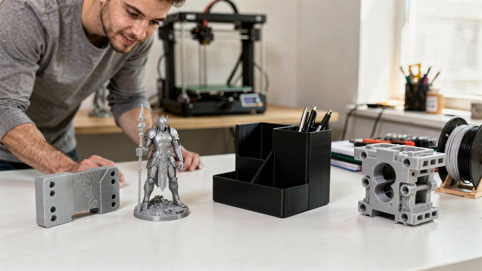 A first-time 3D printing buyer comparing several printed objects on a clean worktable, including a functional bracket, a detailed miniature, a desk organizer, and a prototype part.