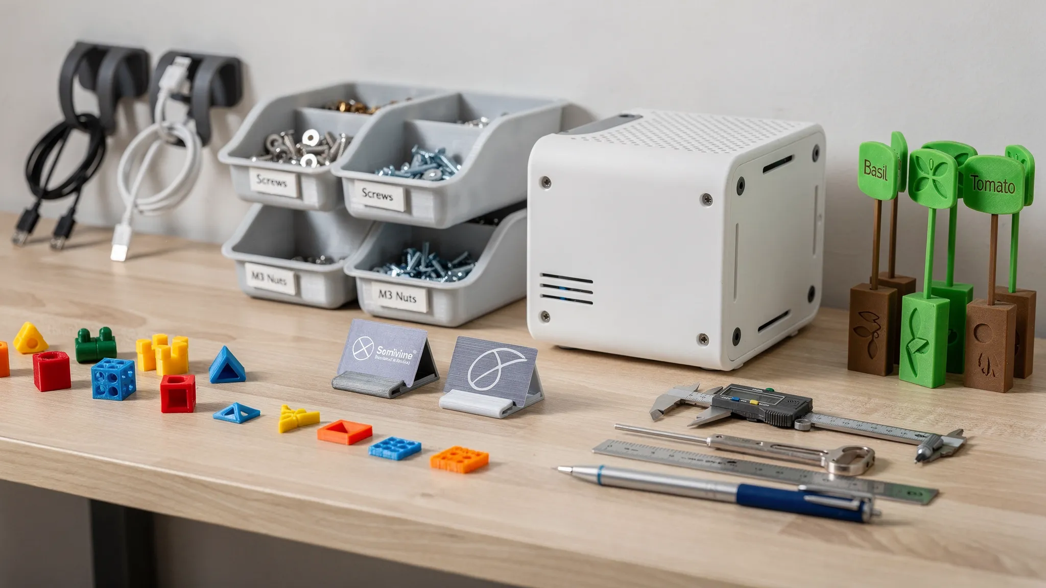 A neat workbench with practical 3D printed projects including cable clips, labeled storage trays, a prototype enclosure, small display stands, garden markers, and colorful sample parts arranged beside measuring tools.