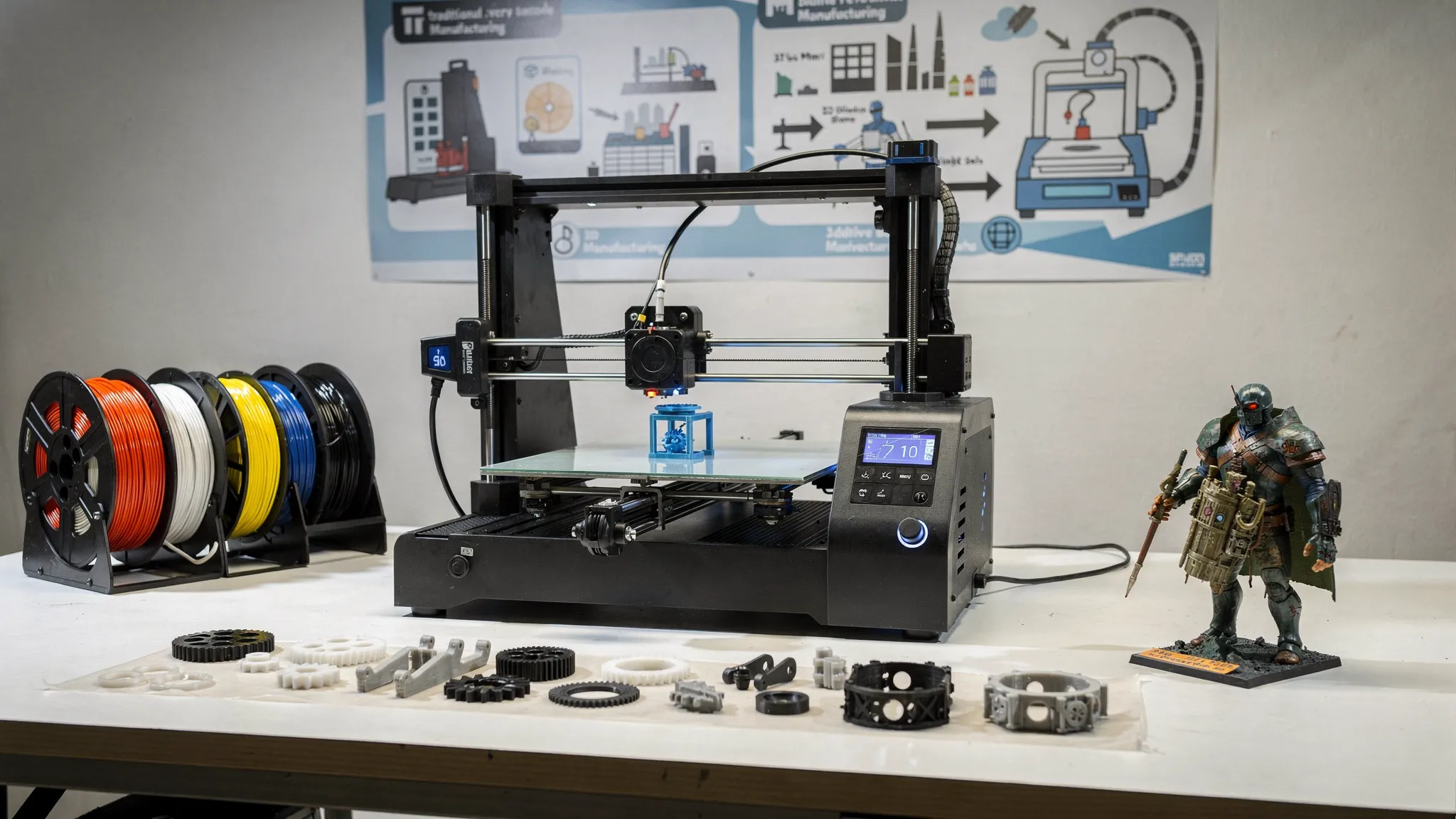 A clean workbench showing a desktop 3D printer, finished plastic parts, a resin miniature, material spools, and an industrial manufacturing diagram in the background to compare 3D printing with additive manufacturing.