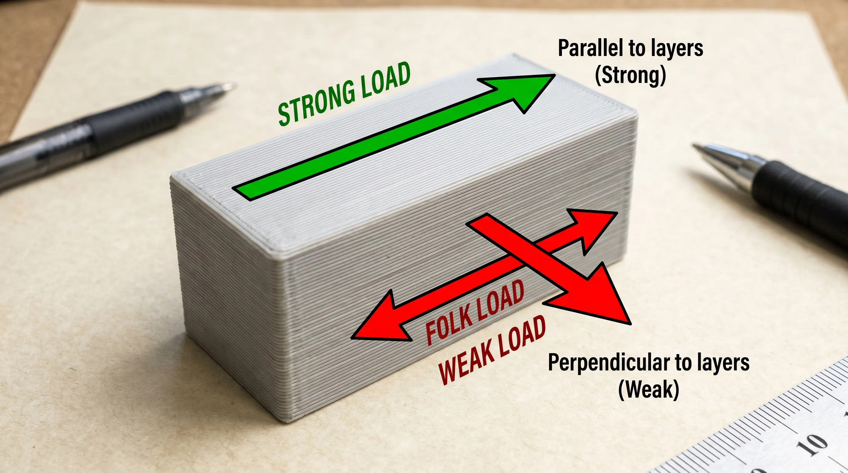 Simple diagram showing an FDM part with visible layer lines, with arrows indicating a strong load direction parallel to layers and a weak load direction that pulls layers apart.