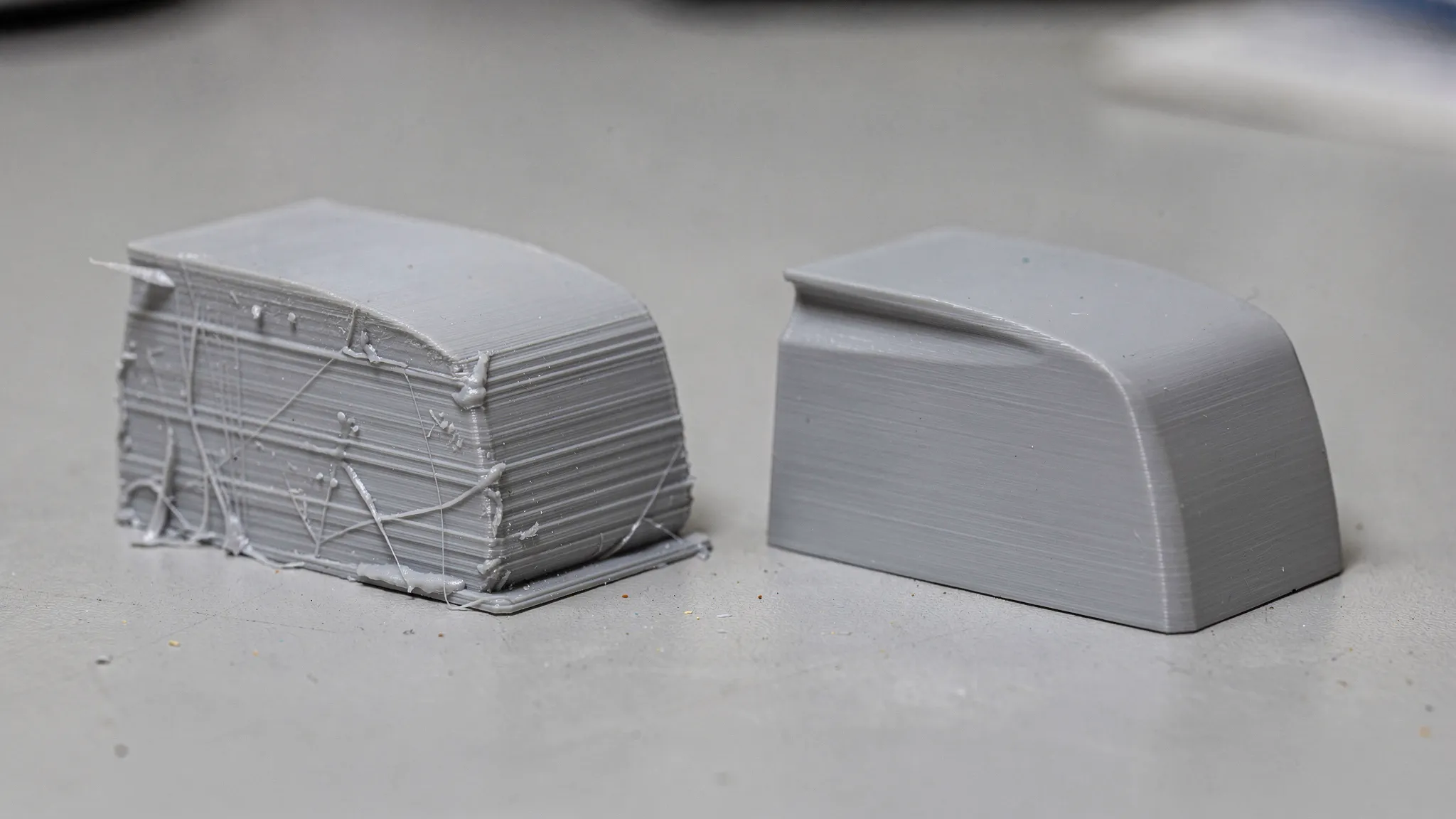 A side-by-side view of a 3D printed part: left shows visible layer lines and support marks, right shows the same part after sanding, filler primer, and paint with a smooth finish.