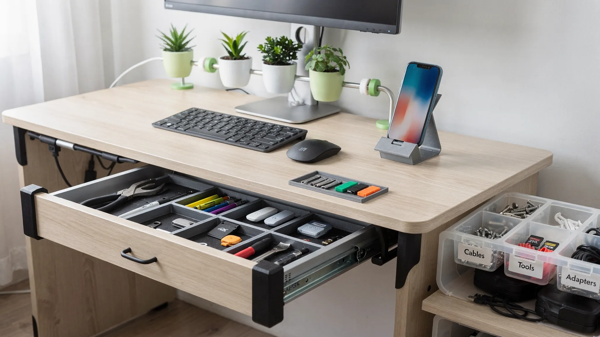 A neatly organized workbench and desk with 3D printed cable guides, drawer dividers, a small product stand, plant clips, and labeled storage trays arranged for everyday use.