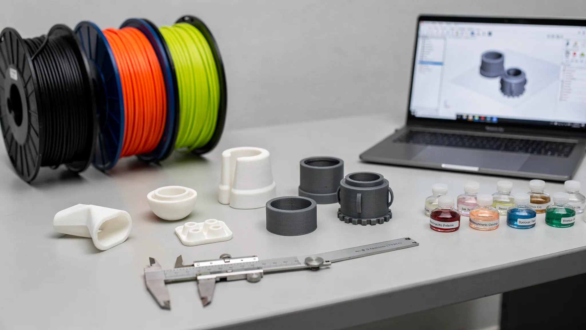 A clean workbench with several finished 3D printed parts, filament spools, resin samples, calipers, and a laptop showing a simple 3D model on screen facing the viewer.