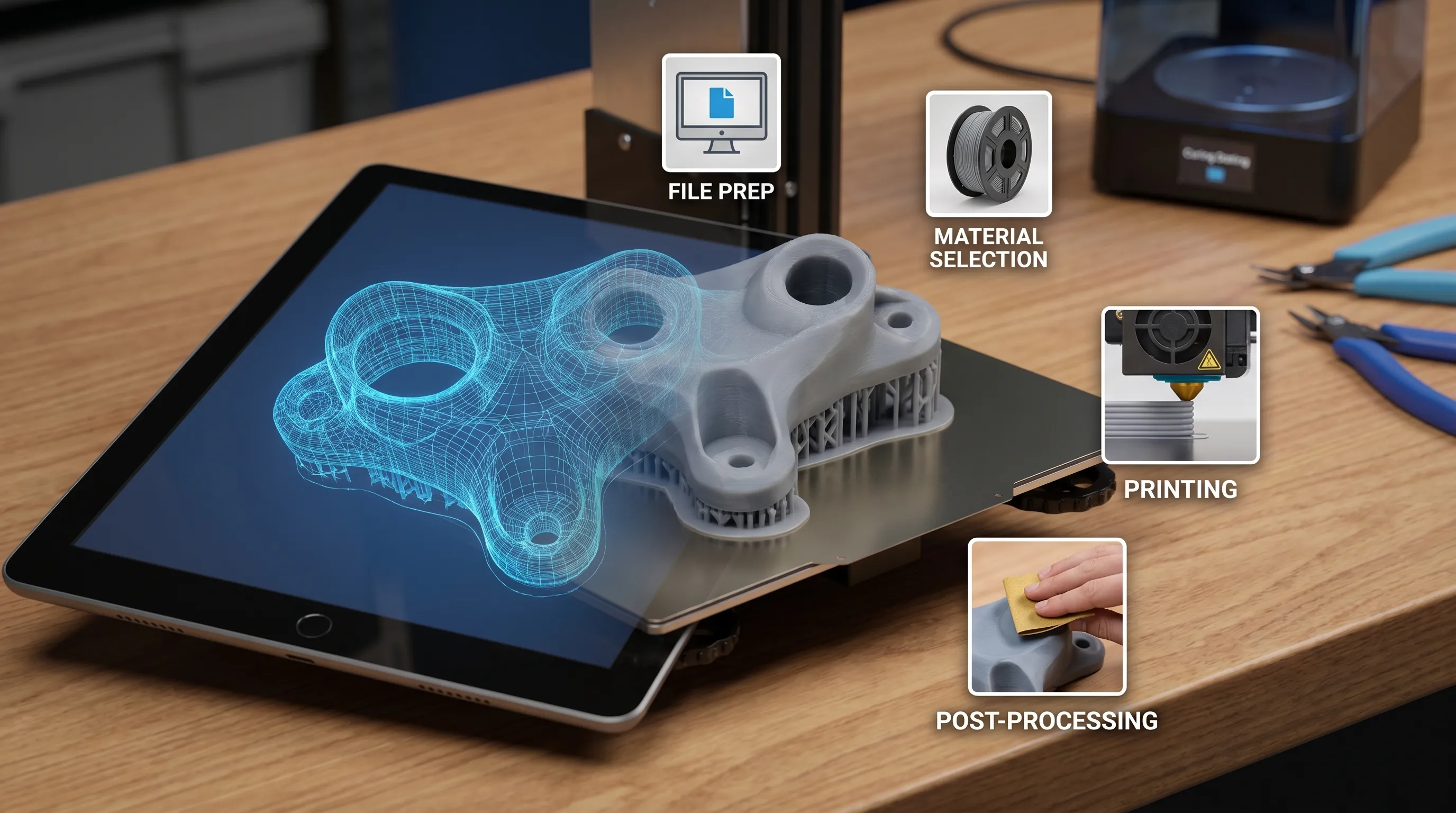 A digital 3D model transitioning into a physical printed part, with file preparation, material selection, printing, and post-processing represented as simple stages around the object.