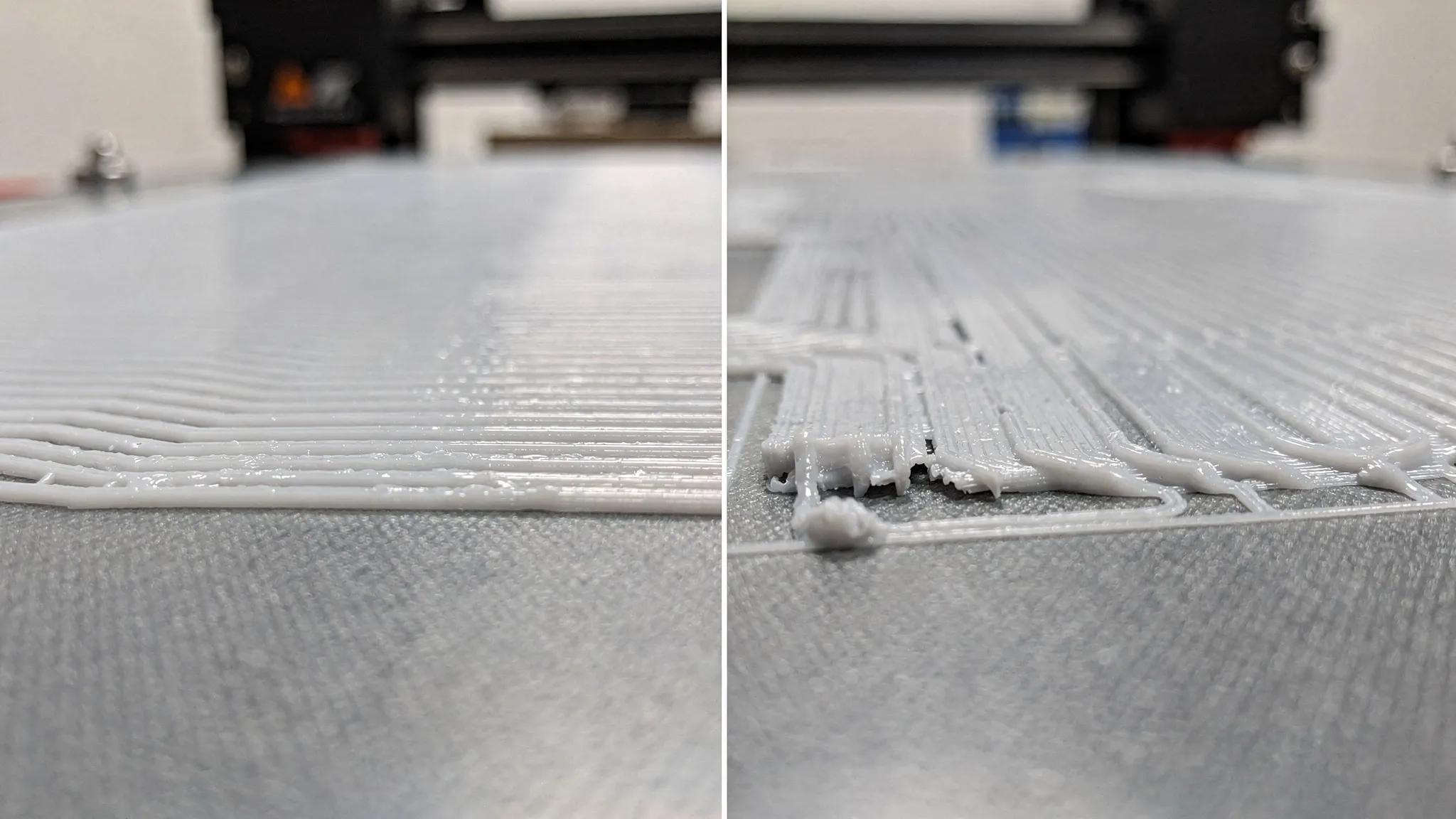 Close-up comparison of FDM first layers: one properly squished with consistent lines and no gaps, and one poor first layer with gaps, ridges, and lifting corners.