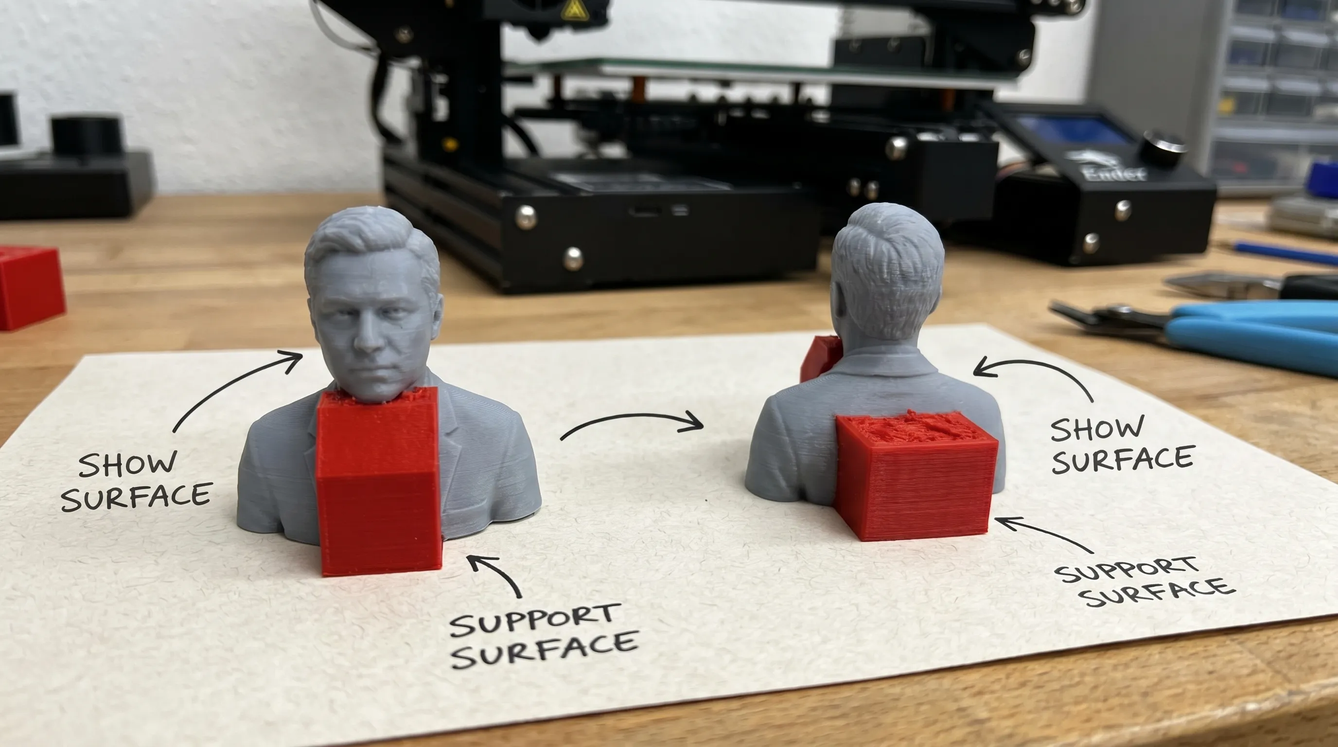 Simple orientation diagram showing a figurine rotated to move supports from the face to the back, with labels for “show surface” and “support surface.”