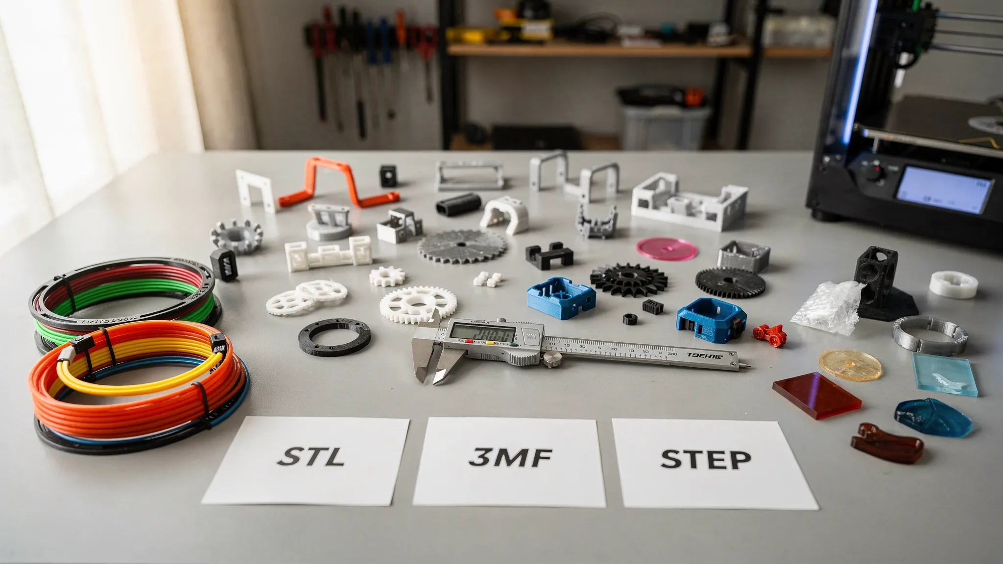 A workbench with 3D printed parts, calipers, filament samples, resin sample pieces, and labeled file cards showing STL, 3MF, and STEP formats.