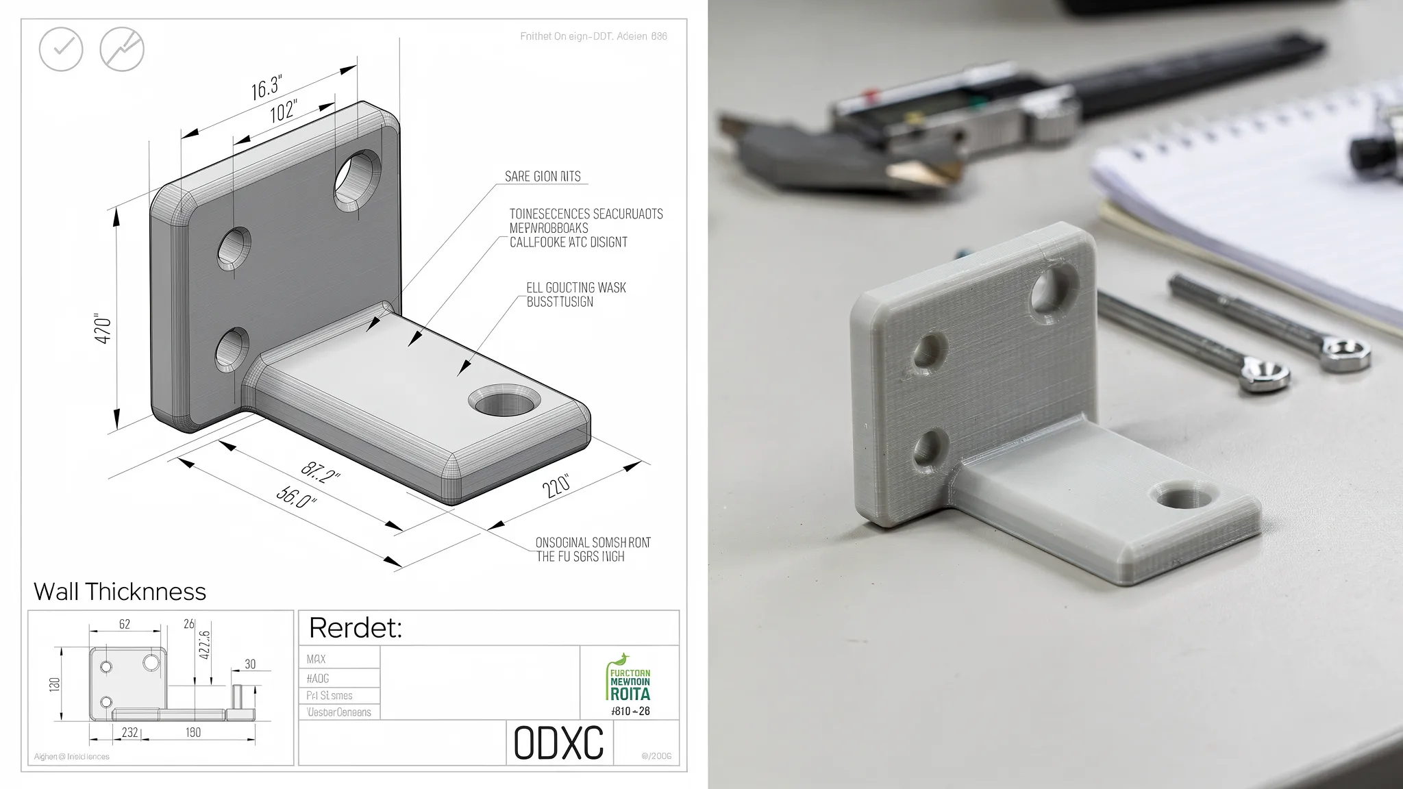 A clean 3D model of a small functional bracket displayed beside dimension callouts, wall thickness notes, and a finished printed part on a workbench.