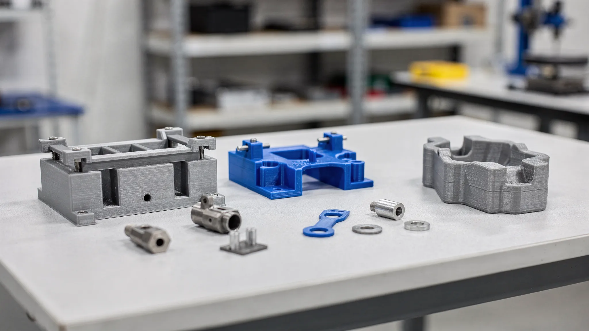 A small manufacturing workbench with several 3D printed jigs and fixtures, including an alignment guide, an inspection gauge, and a custom holding nest, shown next to the metal or plastic parts they help assemble.