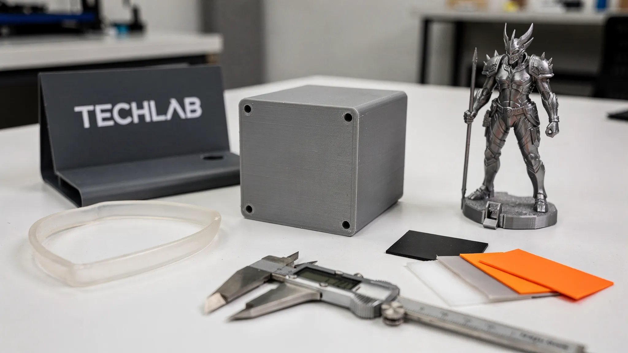 A collection of finished 3D printed items including a small prototype enclosure, a branded display stand, a flexible bumper, and a detailed decorative figure arranged on a clean worktable with calipers and material samples nearby.