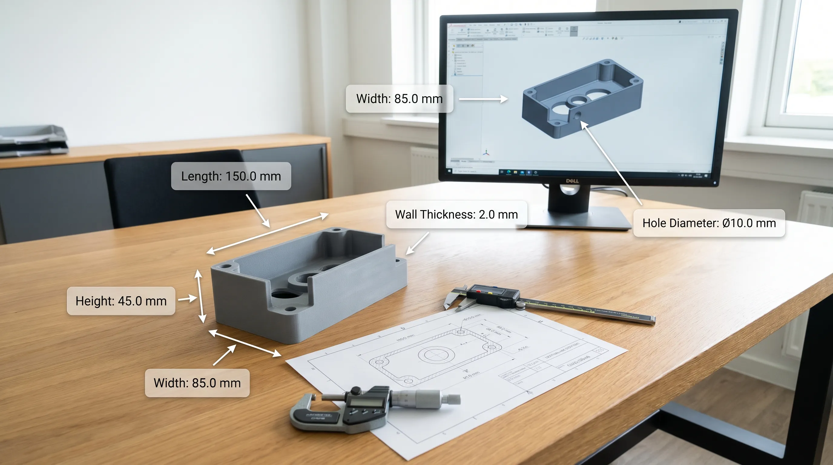 A clean 3D modeling workspace showing a print-ready part beside measurement callouts for length, width, height, wall thickness, and hole diameter.