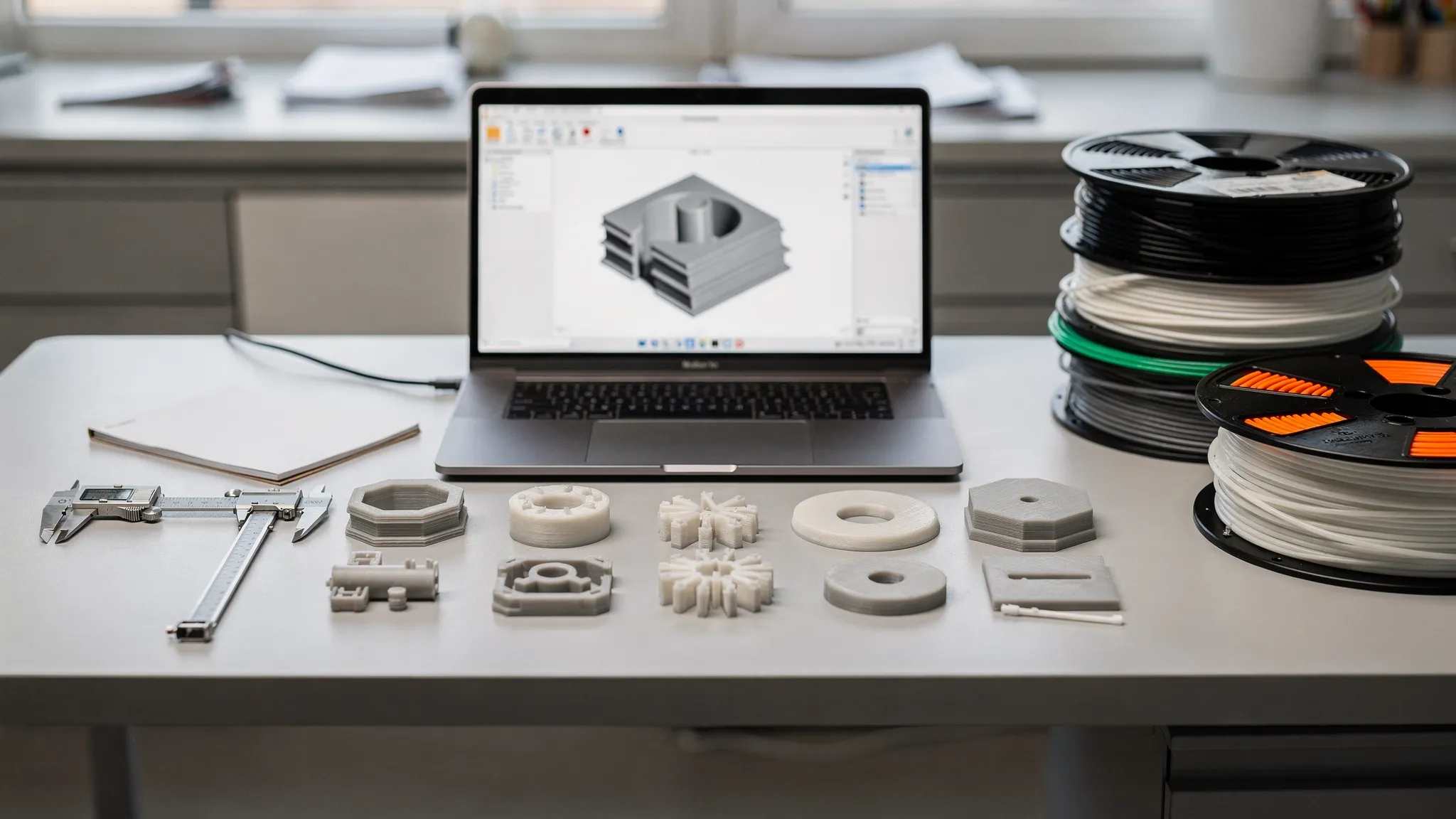A clean workbench with several 3D printed sample parts, calipers, filament spools, and a laptop showing a correctly oriented 3D model on screen. The laptop screen faces forward and displays only the model preview, with no objects hidden behind it.