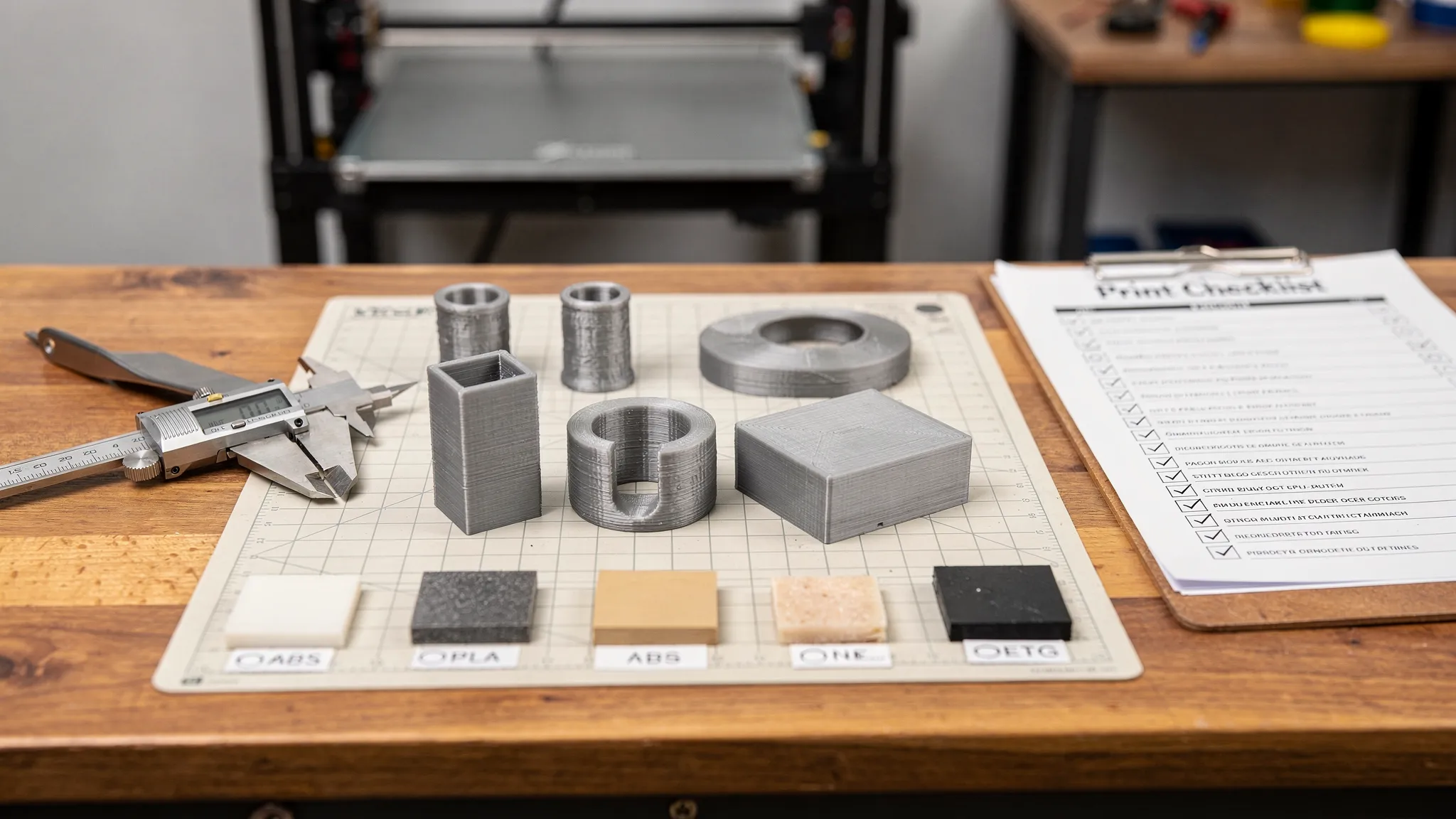 A workbench with 3D printed test parts, calipers, labeled material samples, and a printed checklist used to prevent reprints.