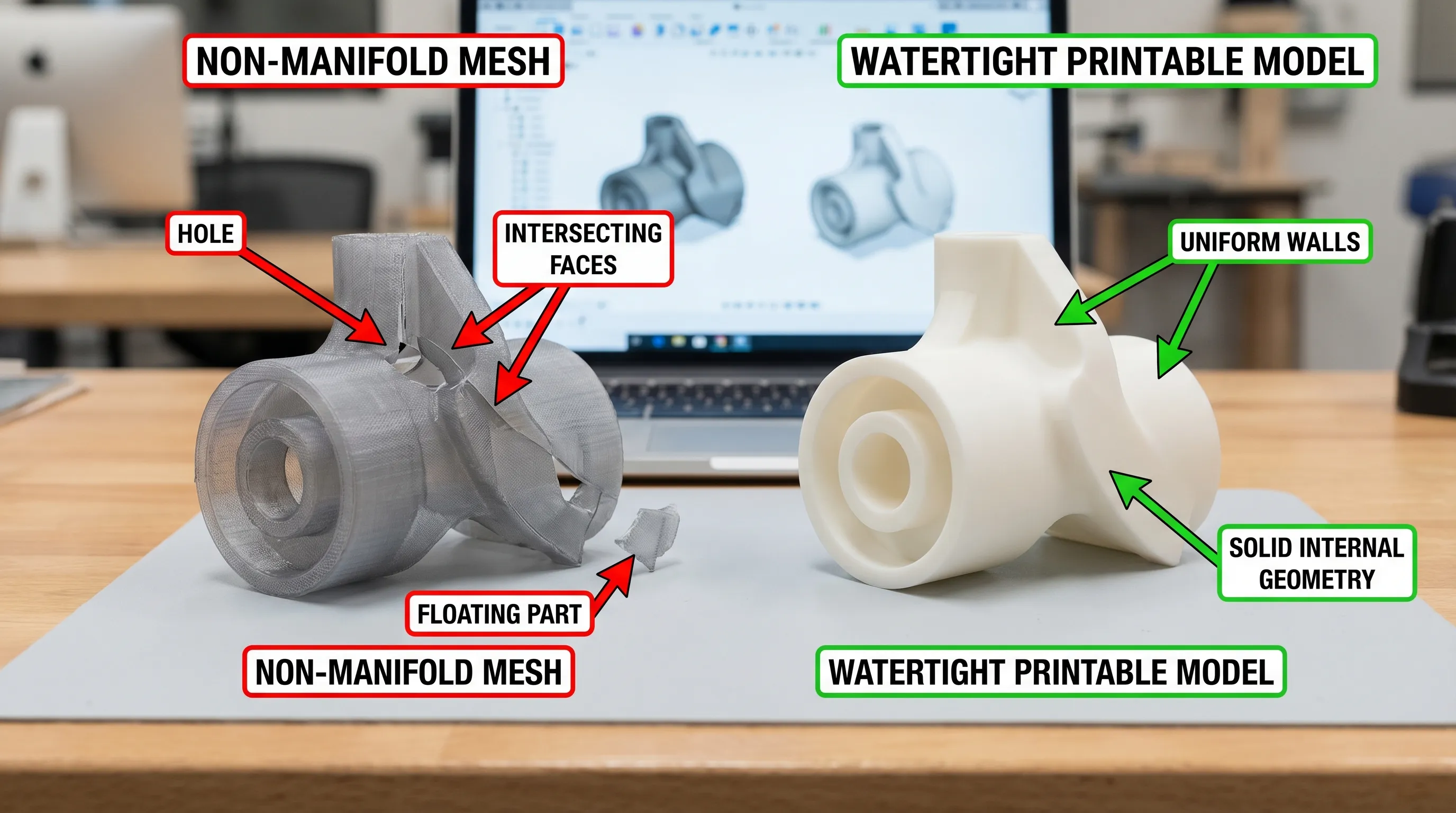 A side-by-side comparison of a non-manifold 3D mesh (holes, intersecting faces) versus a watertight printable model, with callouts for common issues like thin walls, floating parts, and internal faces.