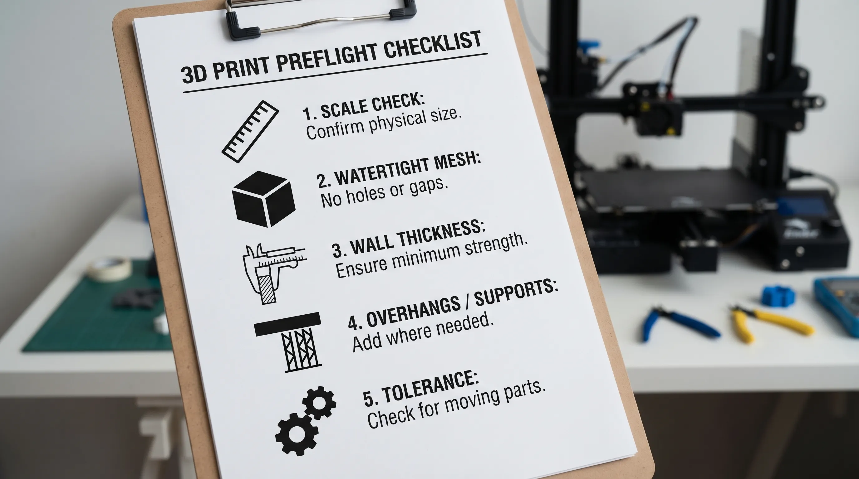 A simple preflight checklist graphic for a 3D model before printing, showing icons for scale check, watertight mesh, wall thickness, overhangs/supports, and tolerance for assemblies.