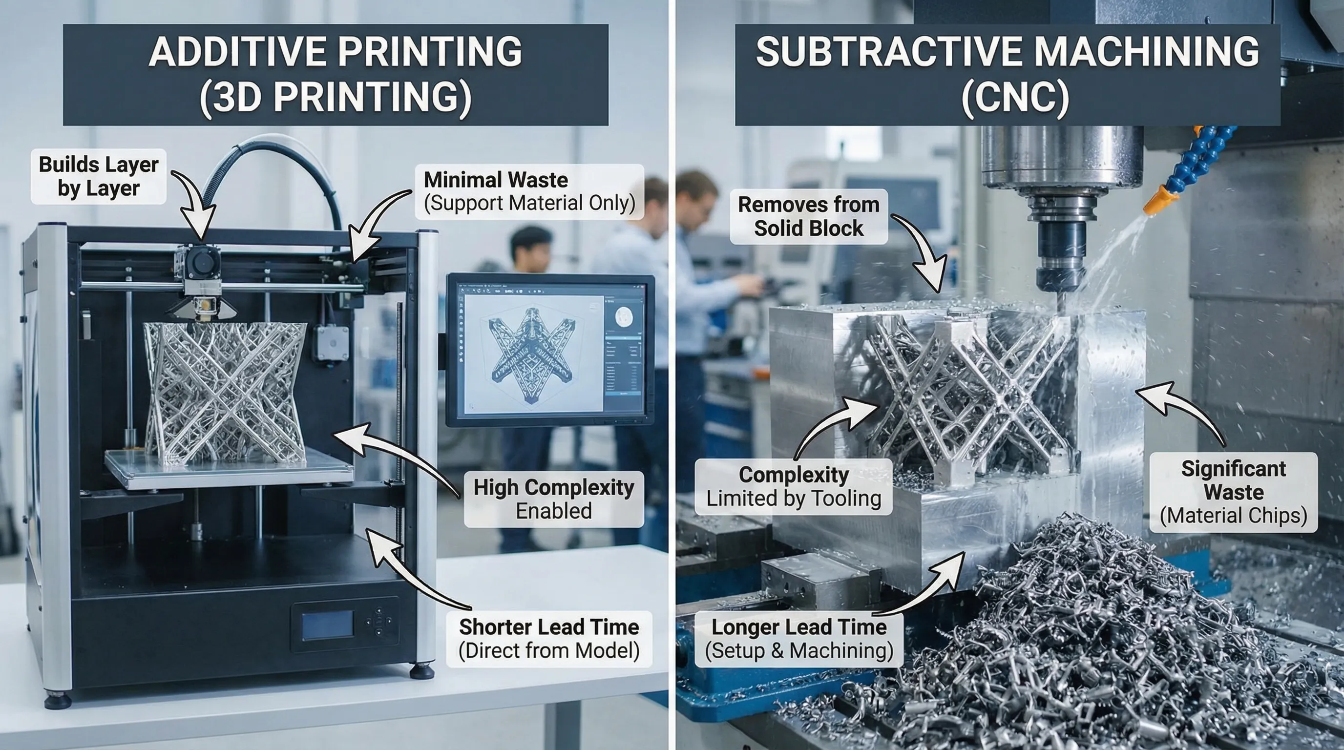 Side-by-side illustration showing additive printing building a part layer by layer from a digital model versus subtractive machining removing material from a solid block, with callouts for waste, complexity, and lead time.