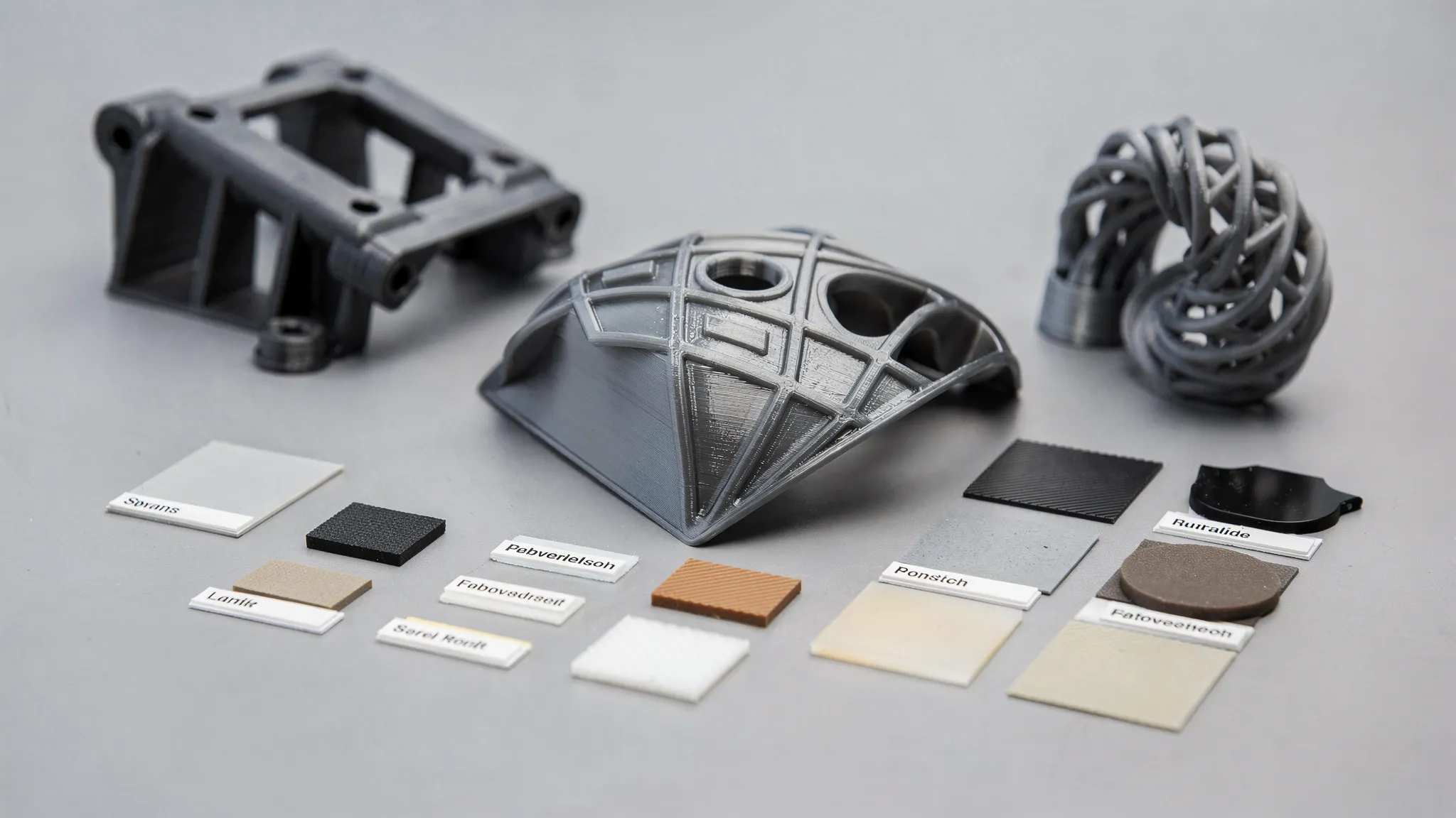 A neatly arranged set of 3D printed material samples and finished parts showing different textures and finishes, including a smooth high-detail piece, a durable functional bracket, and a flexible component.