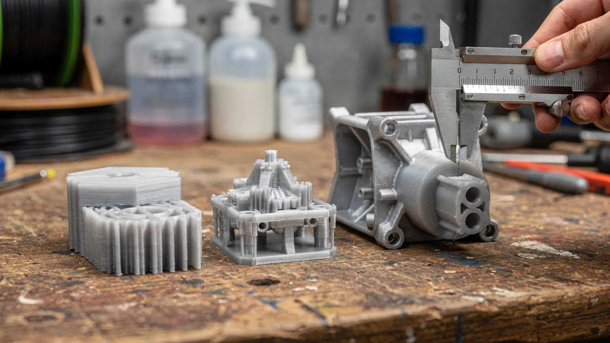 A close-up comparison of several 3D printed parts on a workbench, showing clean layer lines, sharp resin details, smooth post-processed surfaces, and a functional part being checked with calipers.