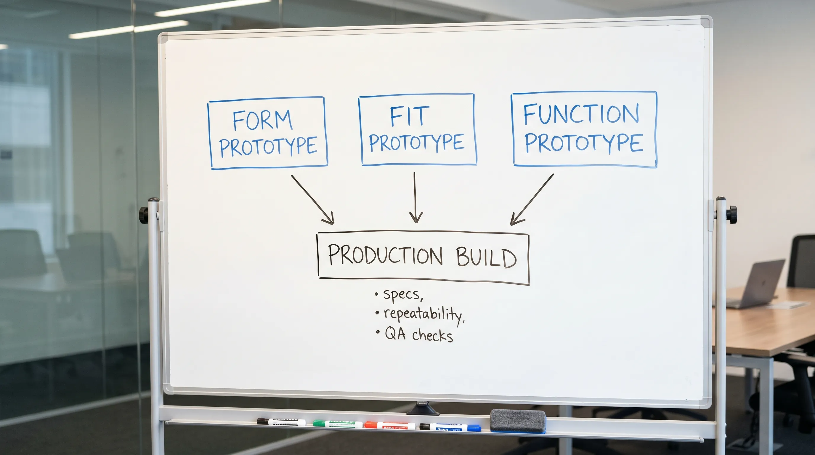 A simple flowchart showing three stages: Form Prototype, Fit Prototype, Function Prototype, leading into “Production Build” with notes on specs, repeatability, and QA checks.