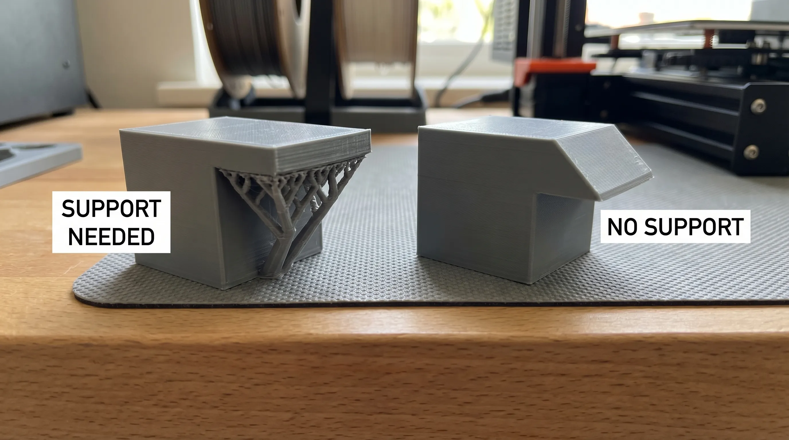 Simple illustration comparing a flat 90-degree overhang that needs support versus a chamfered 45-degree overhang that prints self-supporting, labeled with “support needed” and “no support.”