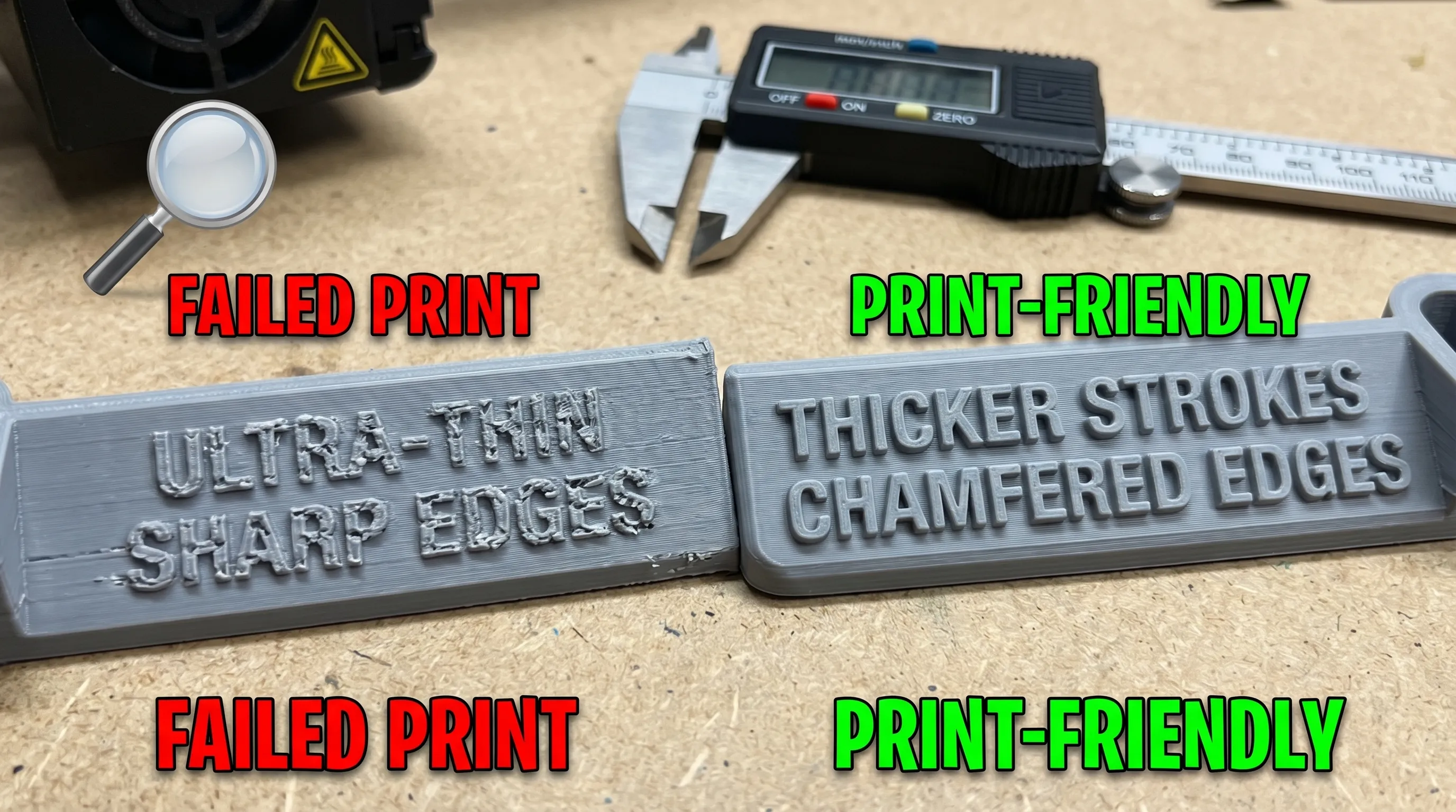 Side-by-side comparison of a 3D model detail: left shows ultra-thin raised text and sharp edges that fail, right shows thicker text strokes, chamfered edges, and a small fillet at the base, labeled “print-friendly.”