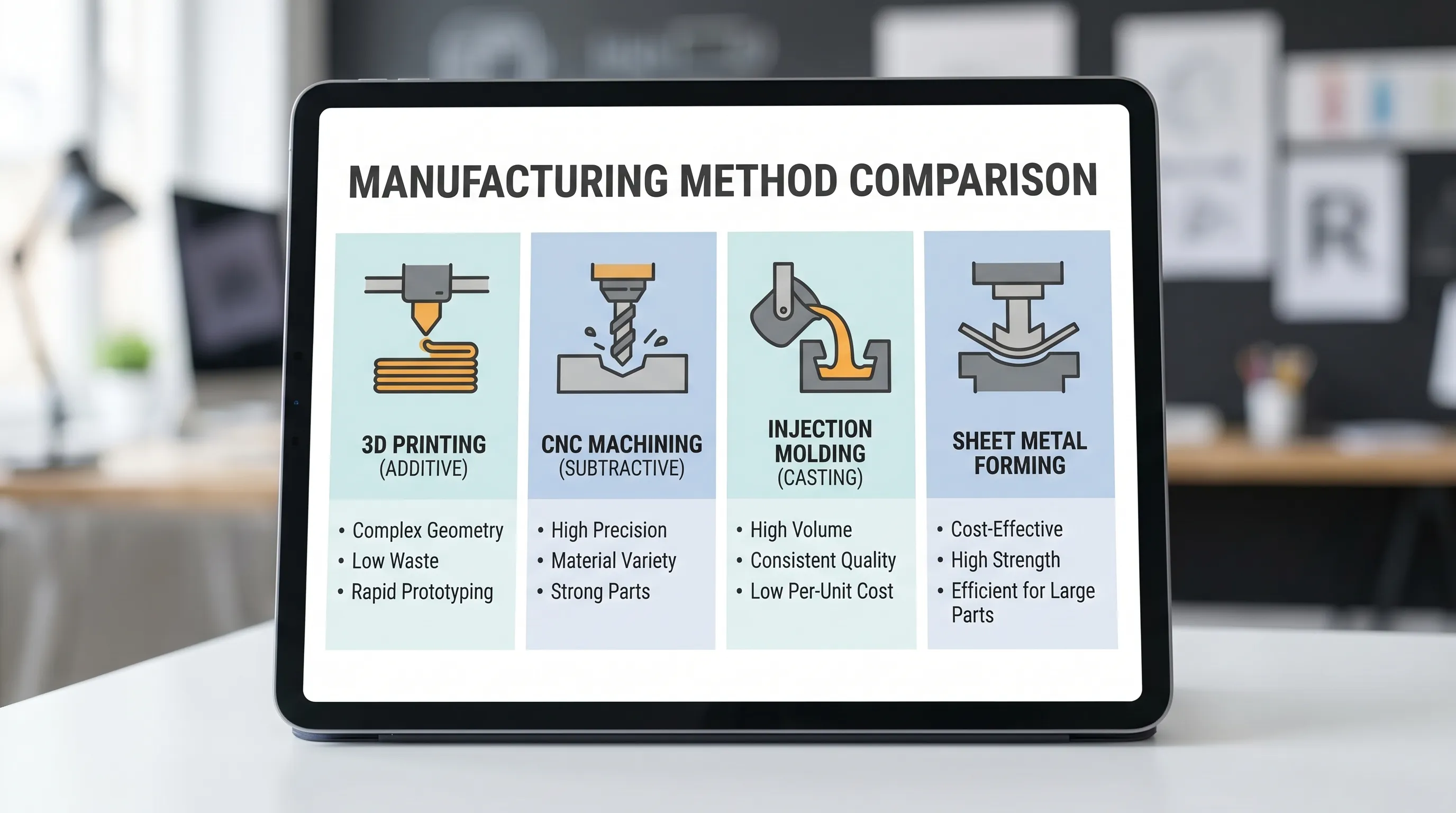 A simple comparison graphic showing four manufacturing methods (3D printing/additive, CNC machining/subtractive, injection molding/casting, and sheet metal forming) with icons and a few labeled strengths for each.