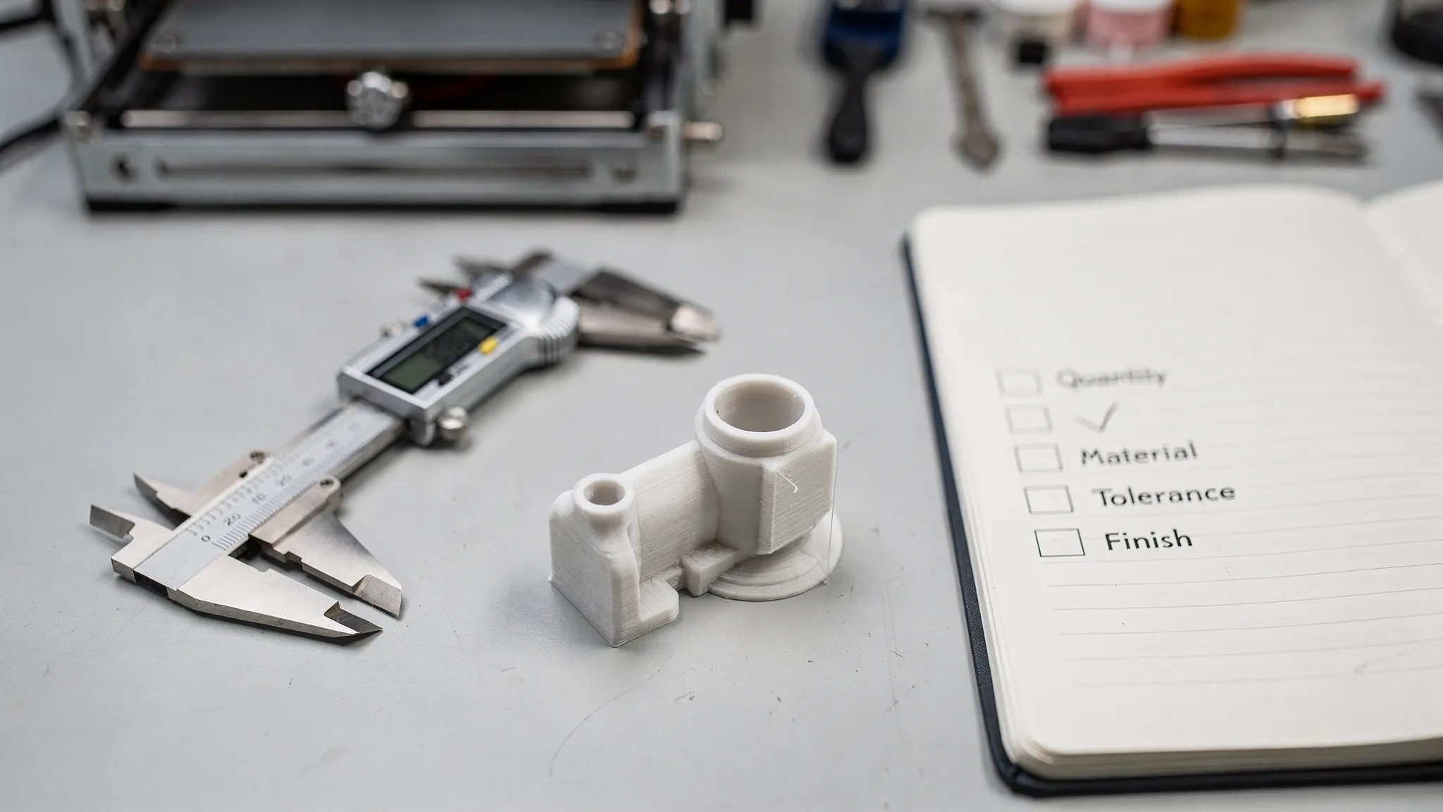 A small workshop scene showing a 3D printed prototype part next to a caliper and a notebook with checkboxes for quantity, material, tolerance, and finish, illustrating a manufacturing decision workflow.