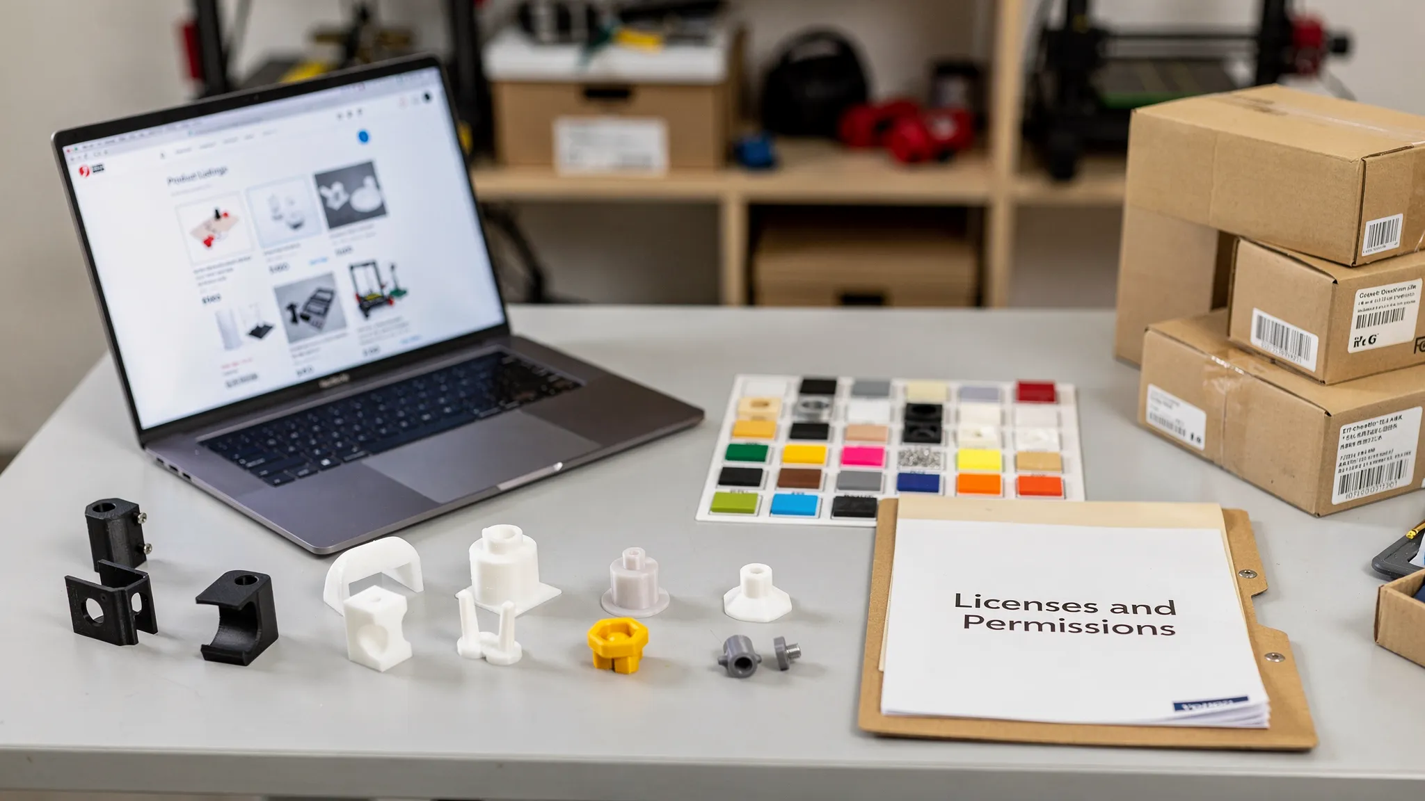 A clean workbench with several finished 3D printed items, a laptop showing a product listing page, material samples, shipping boxes, and a folder labeled licenses and permissions.