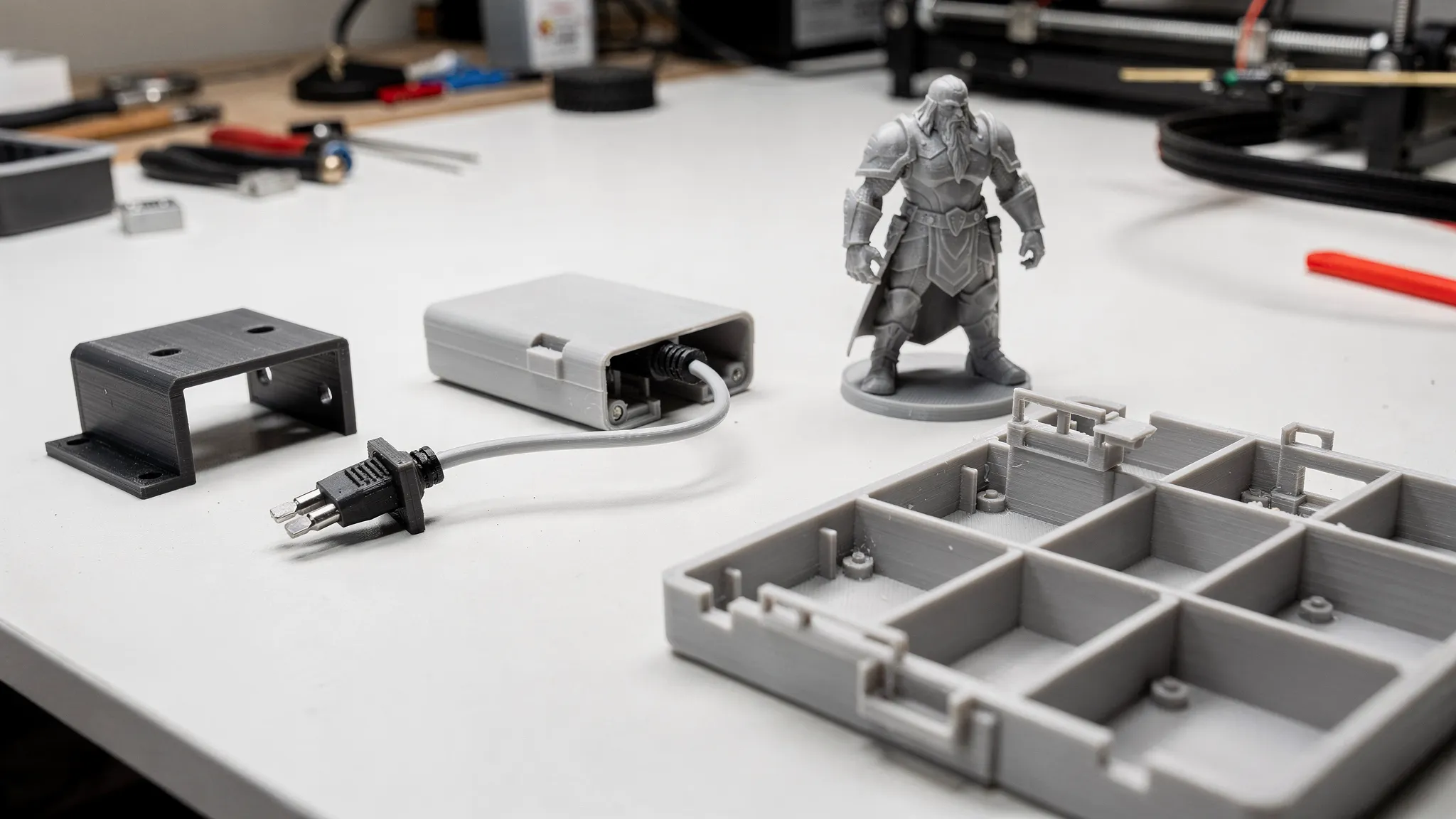 A collage of real-world 3D printed objects on a workbench: a small bracket, a cable clip, a detailed miniature figure, a snap-fit enclosure, and a drawer organizer tray.