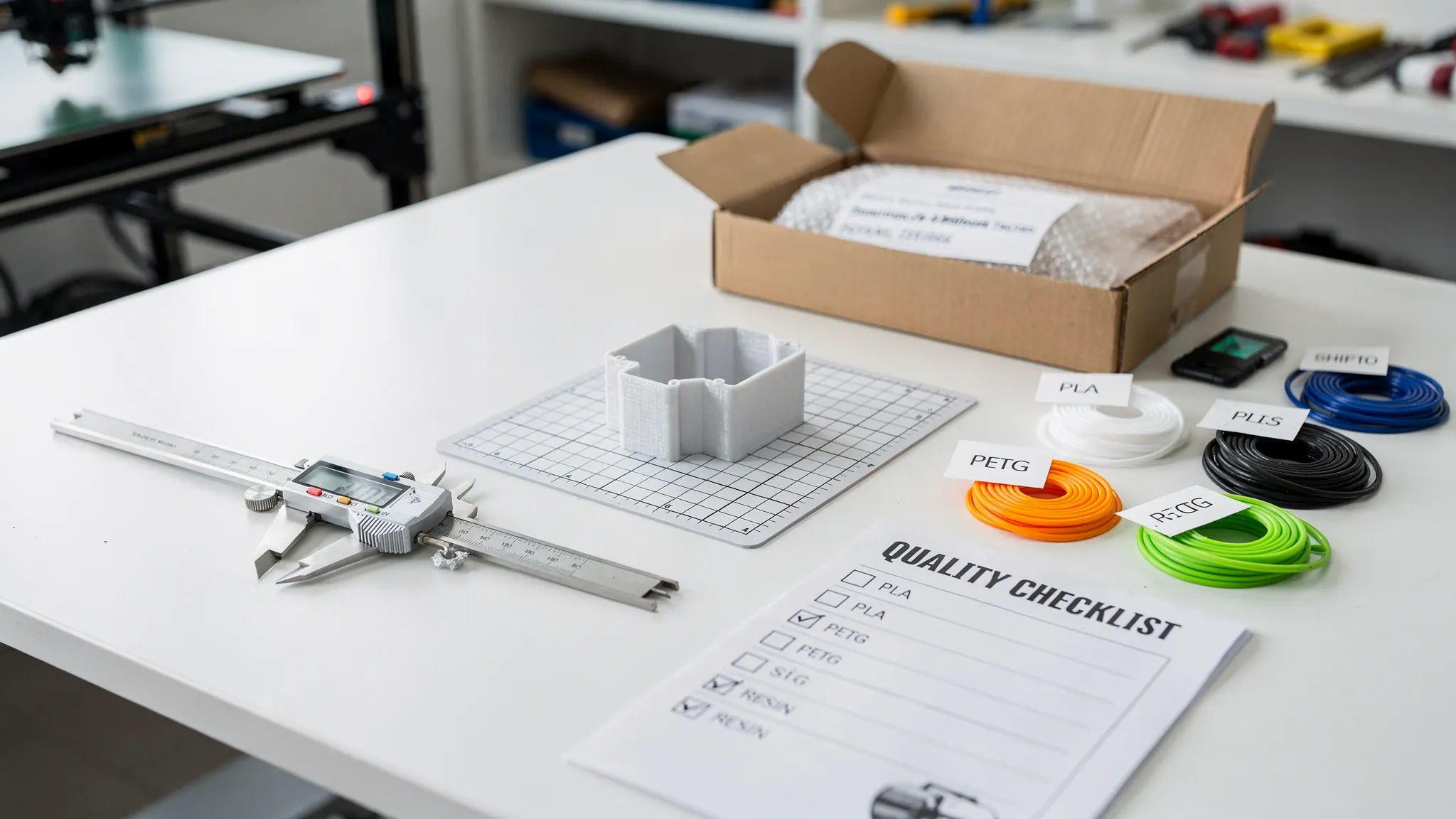 A clean 3D printing workbench with a finished custom part beside calipers, material samples, a printed quality checklist, and a small shipping box ready for packing.
